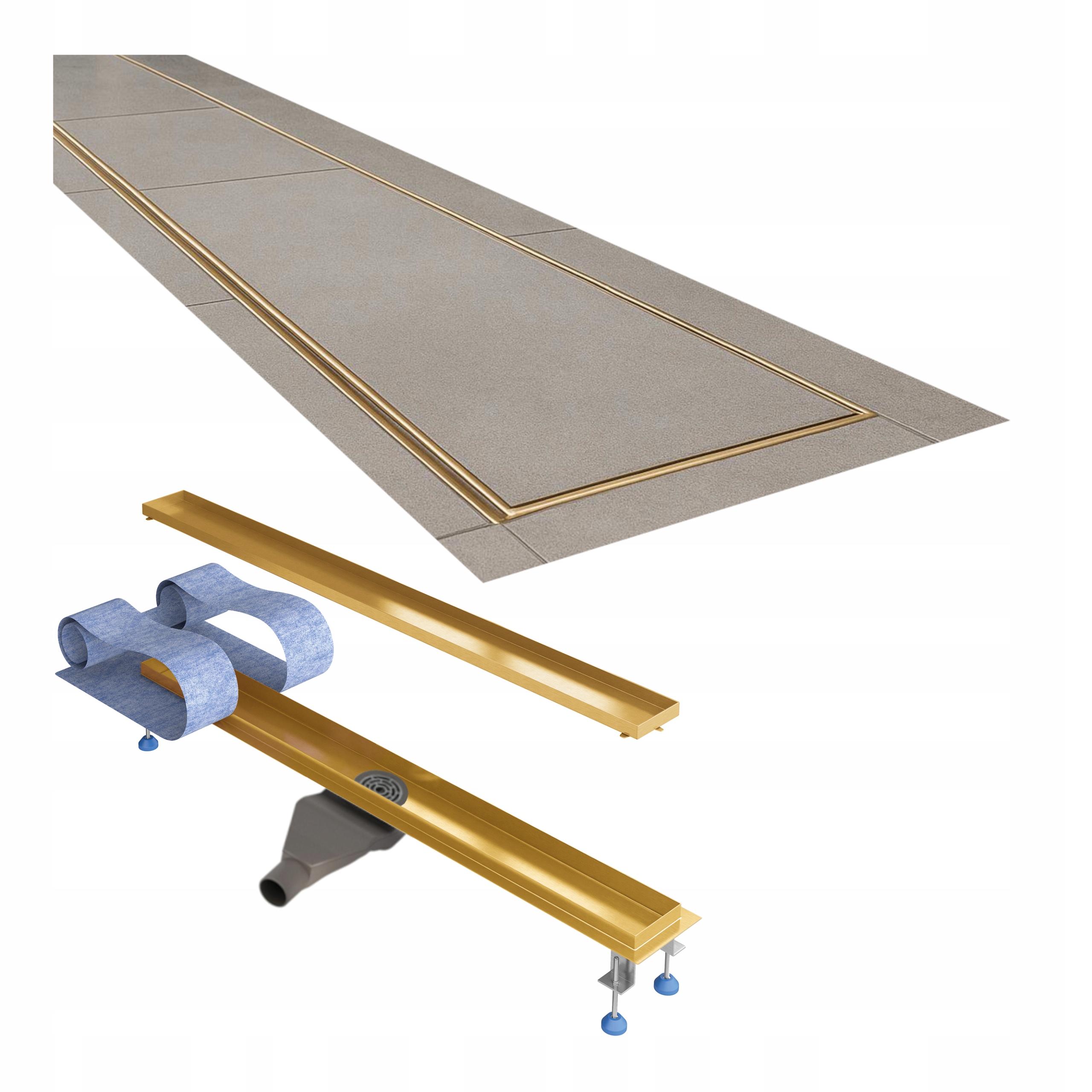 Odtokový otvor 80 cm zlatý saténový pod dlažbu nízky sifón sada Waterway