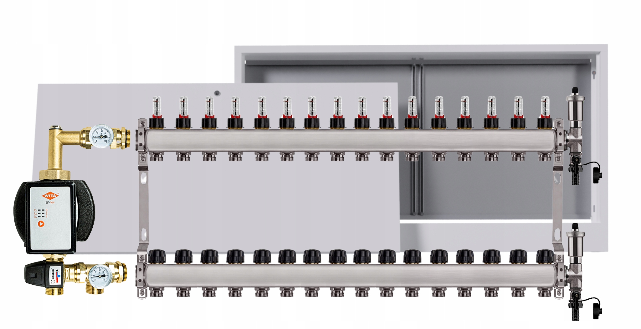 Rozdělovač pro podlahu nerezový 16 okruhů s čerpadlem Wita box