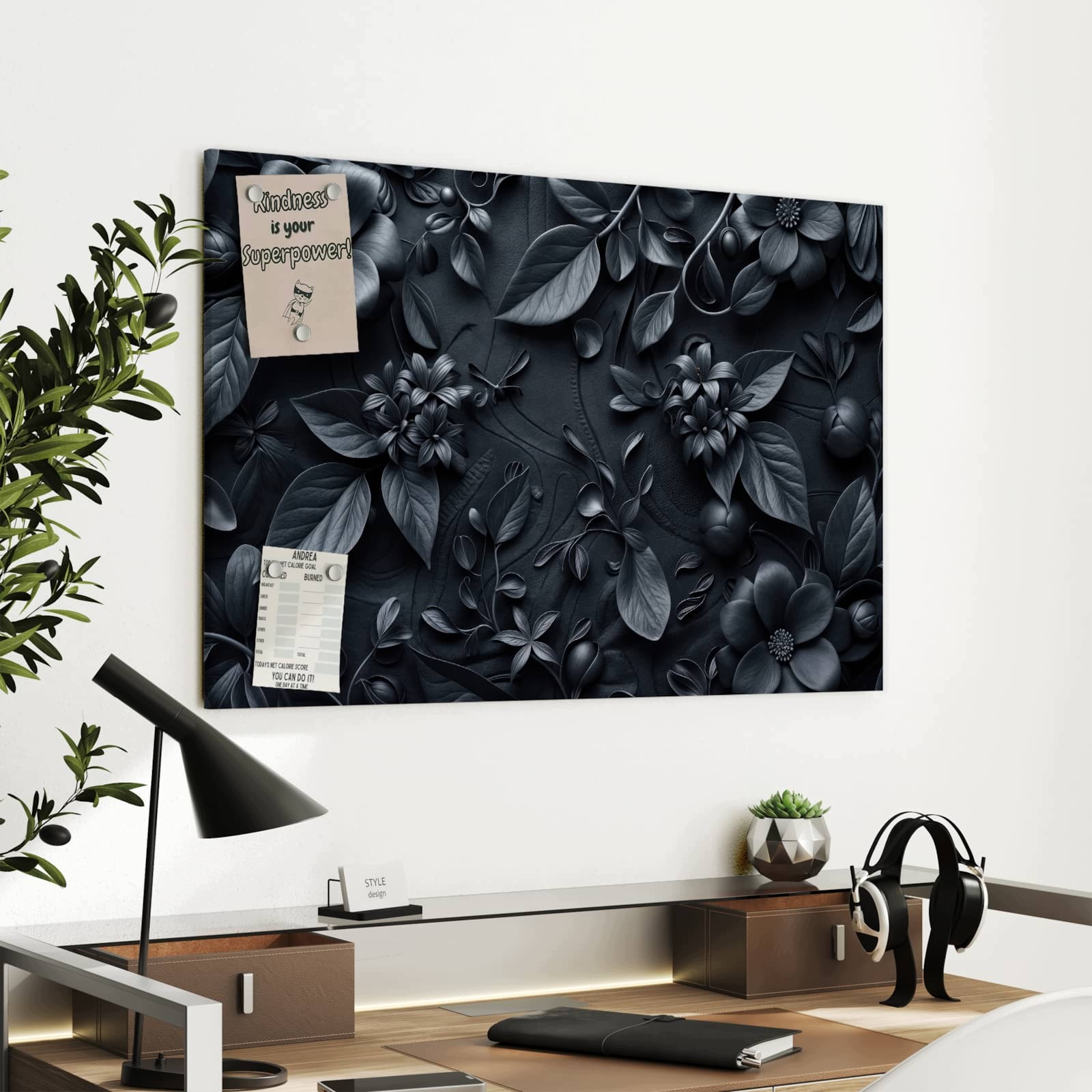 Magnetická tabule Vzor květinový Tmavý 90 × 60 cm