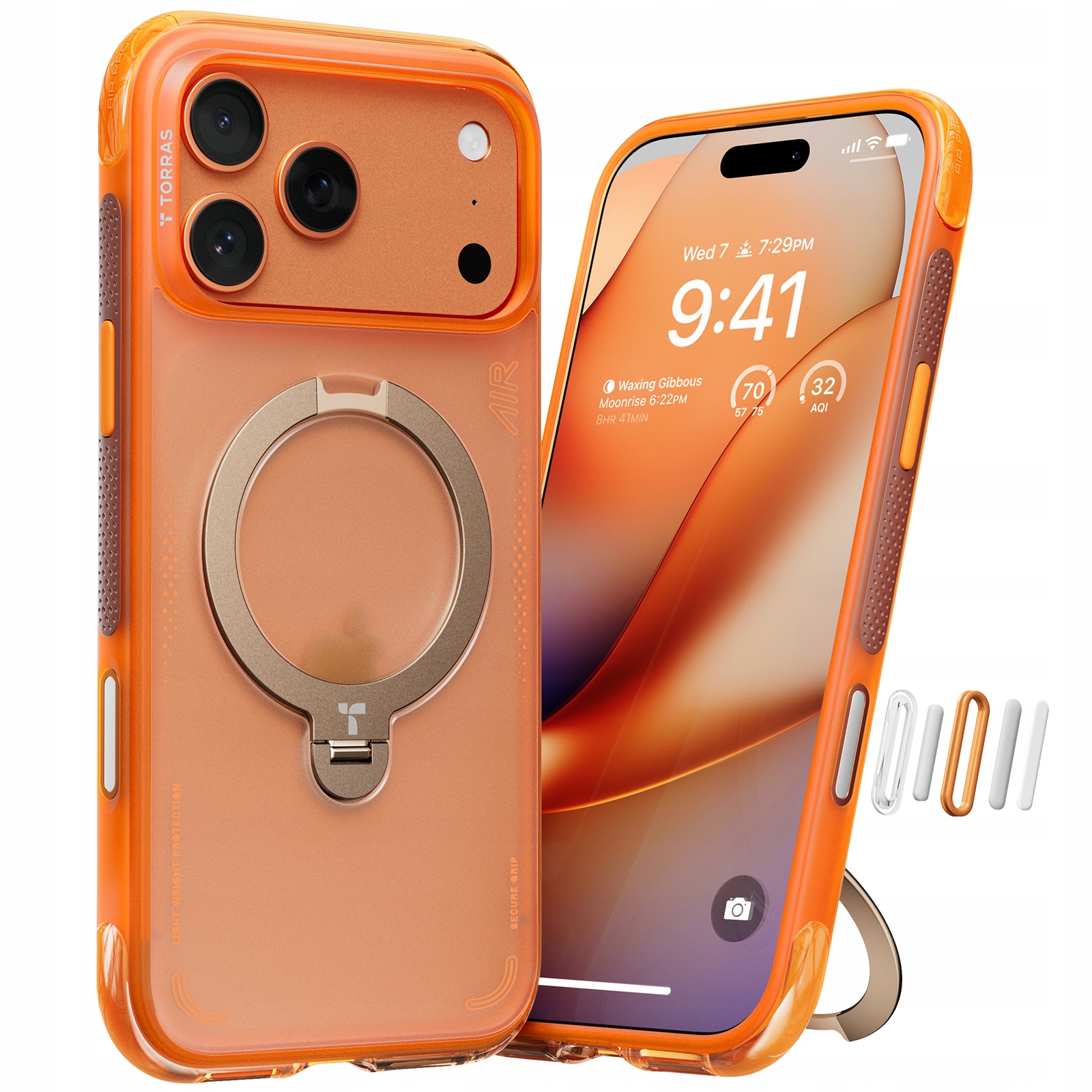Etui Torras Ostand Spin Air do iPhone'a 15 Pro, pomarańczowe, MagSafe Case