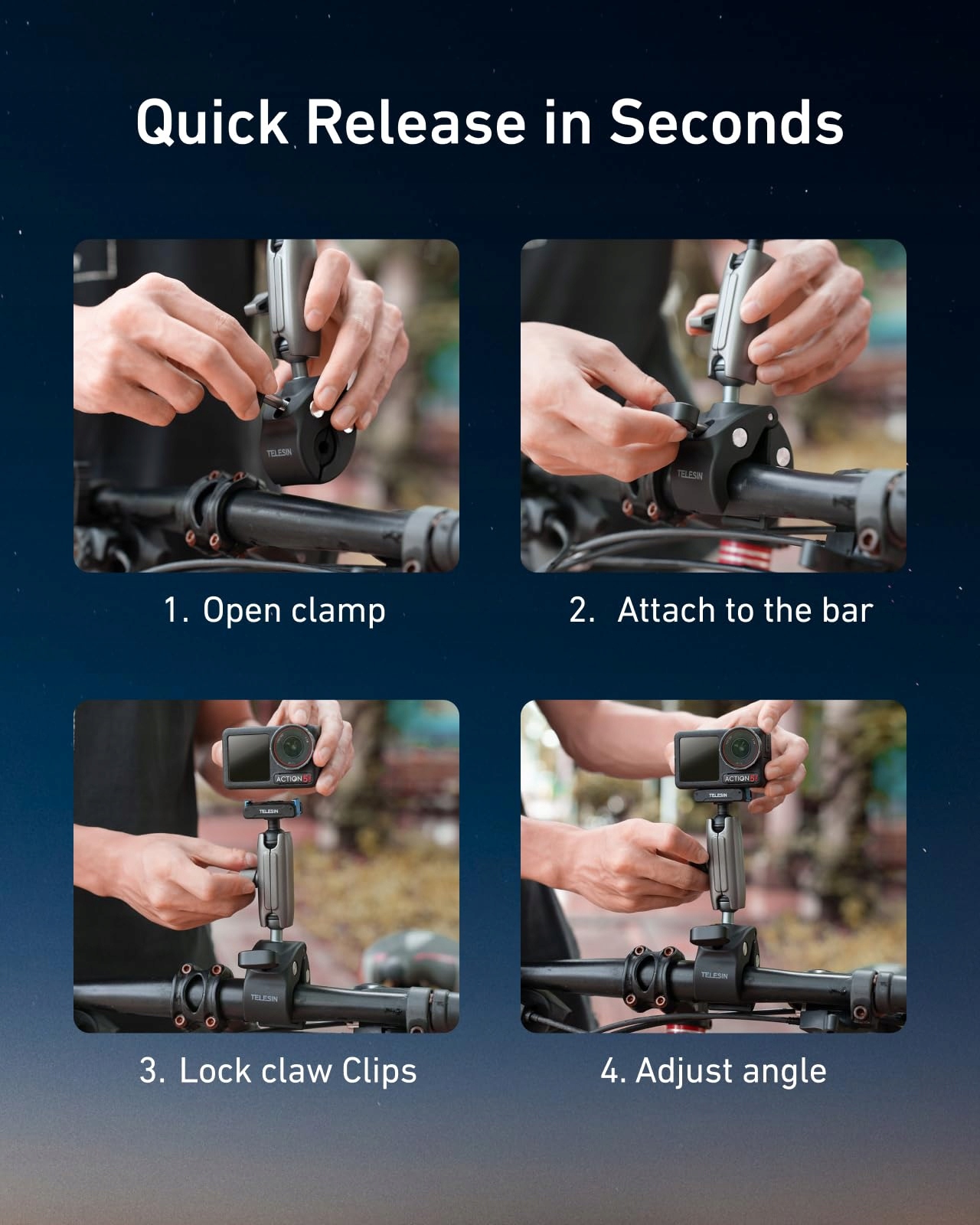 TELESIN Uchwyt Rowerowy Motocyklowy Do DJI Action 6 5 Pro Osmo 360 9-38 mm — miniatura 6