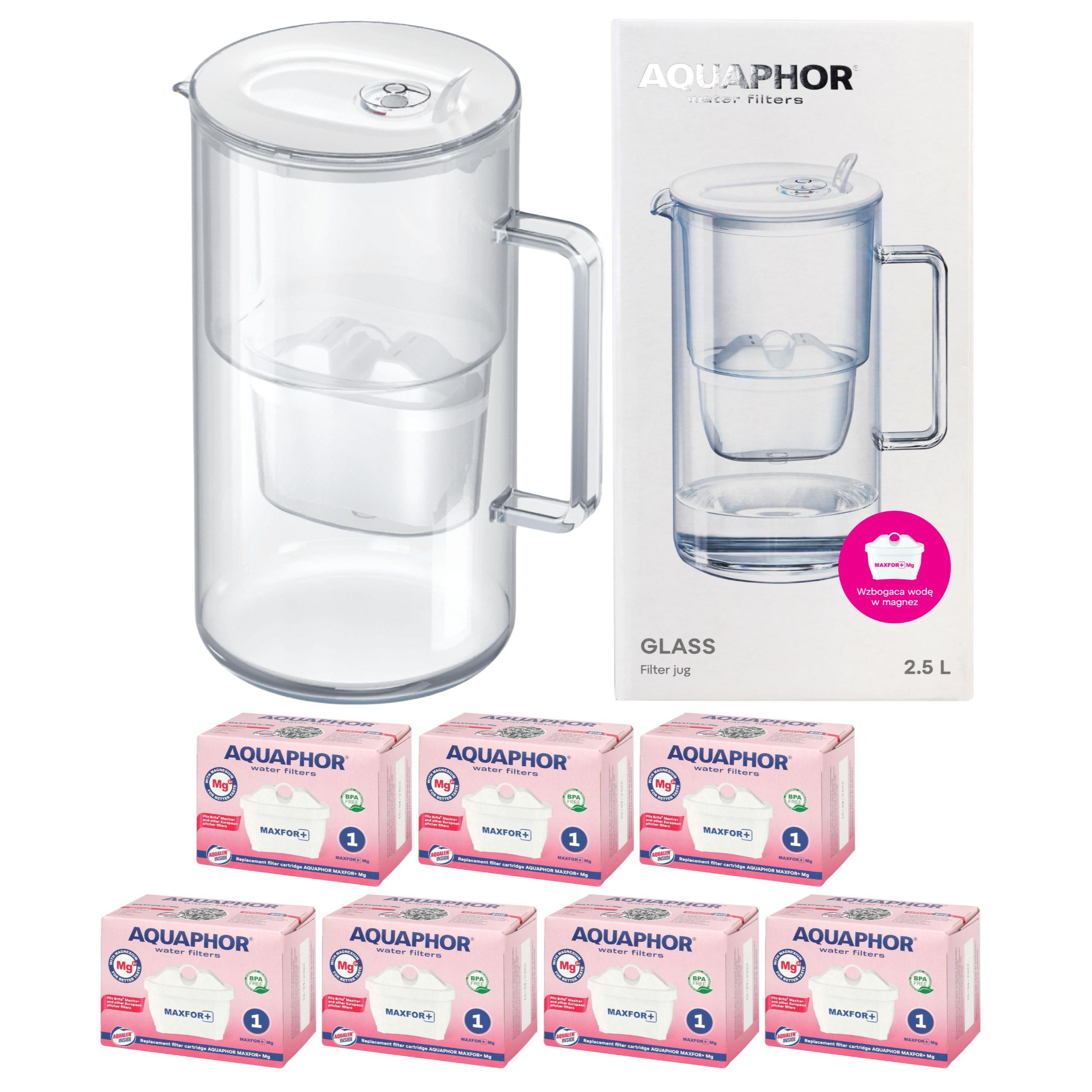Dzbanek szklany filtrujący do wody Aquaphor Glass biały 7 filtrów Maxfor Mg