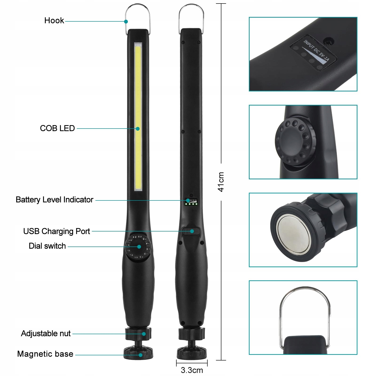htbakoi LED Lampa Warsztatowa Akumulatorowa z Magnesem i Hakiem — miniatura 4