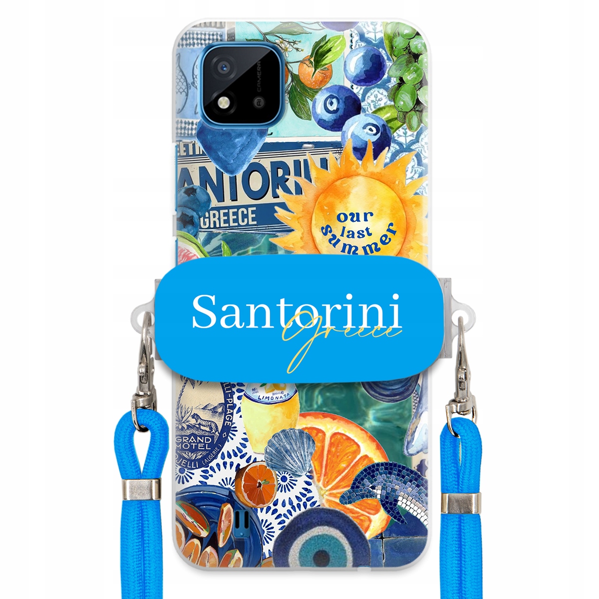 Puzdro pre Realme C11 2021 Modré Crossbody vodítko držiak Santorini Greece