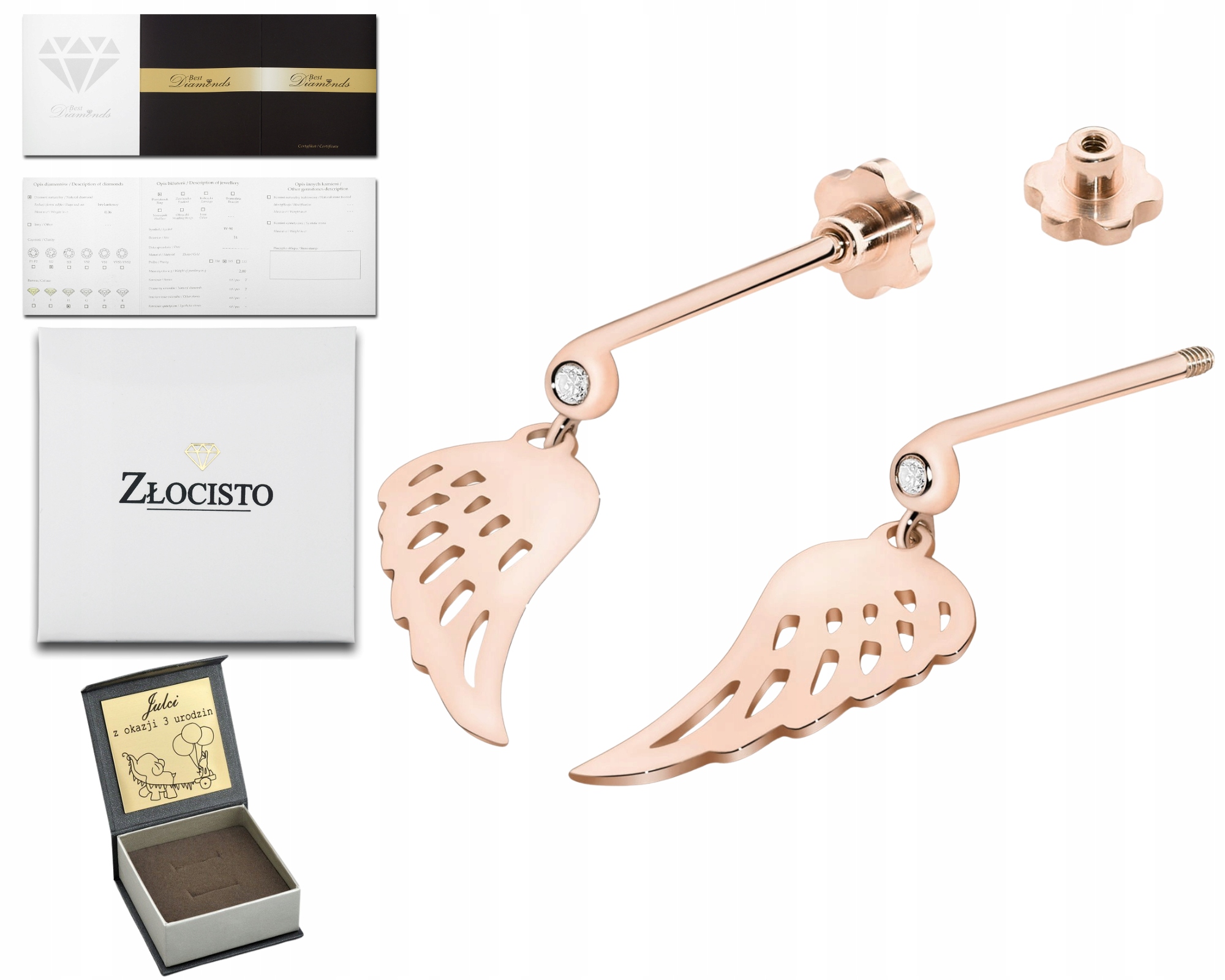 Růžové Zlato Náušnice S Závěsnými Křídly Na Tyči Diamanty Brilianty 585