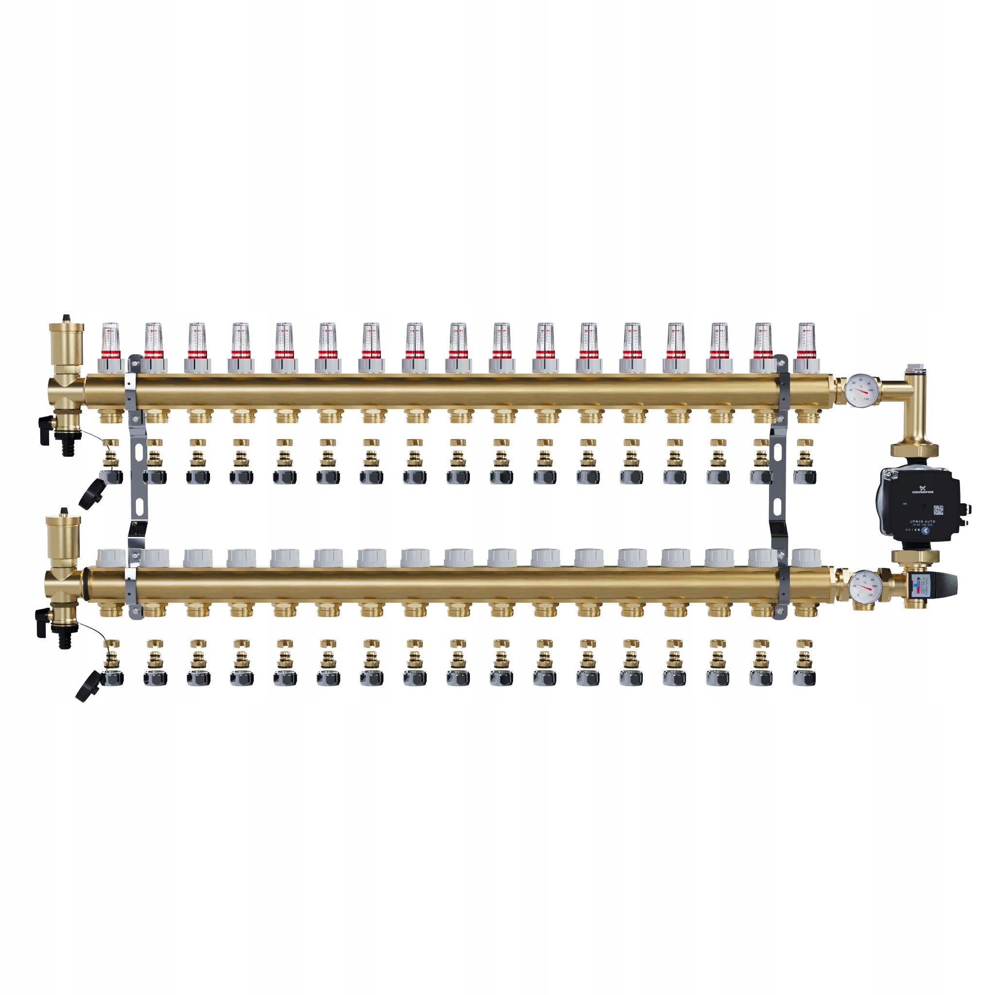 Rozdělovač pro podlahové topení 17 sekcí a Spojky Pex+pompa Grundfos