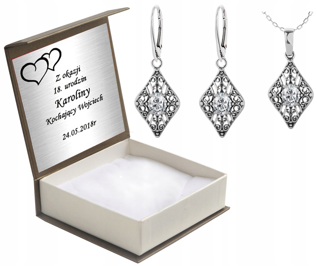 

Komplet Biżuterii Srebrnej Z Cyrkoniami + Grawer