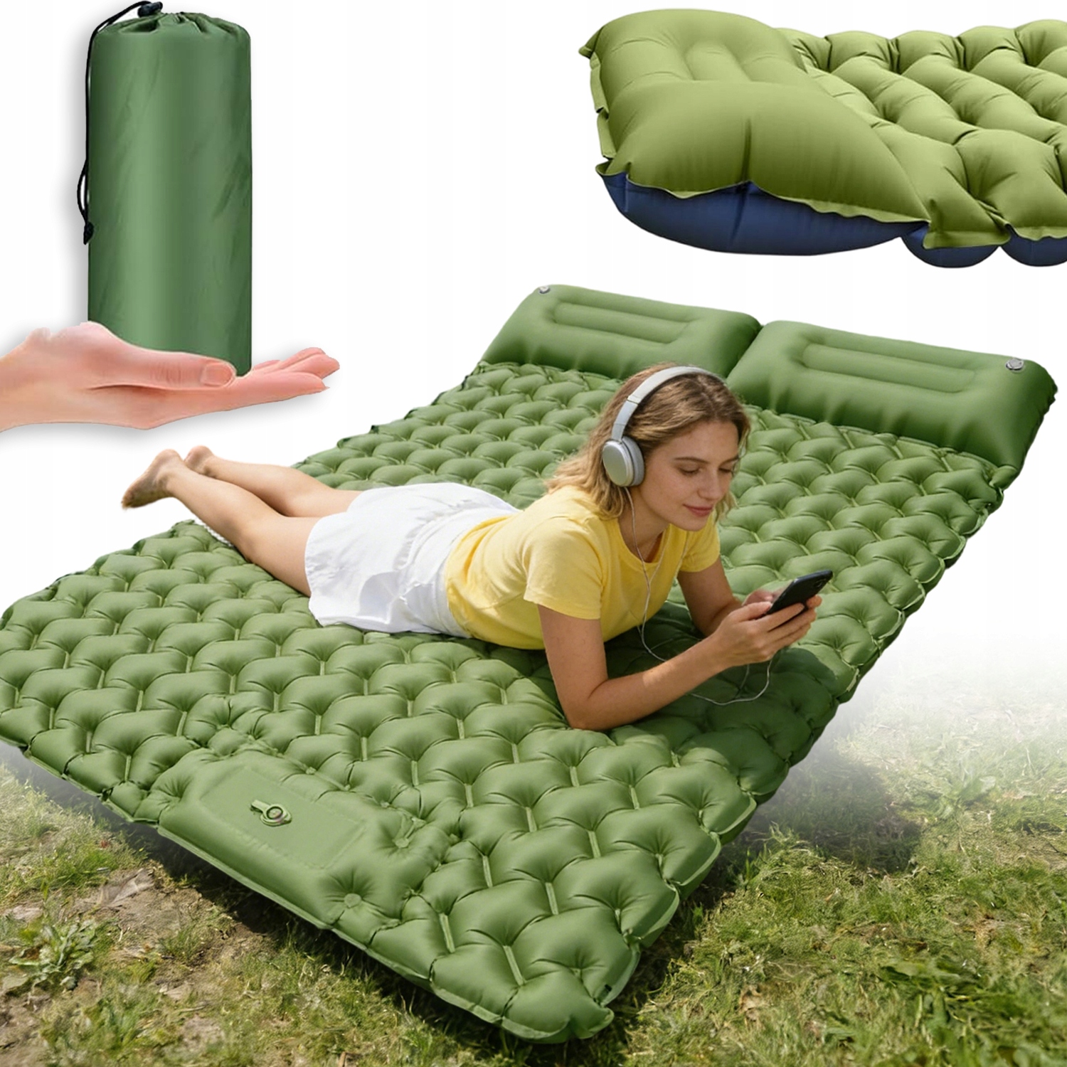 Materac Samopompujący Podwójny Turystyczny Lekki Wbudowana Pompka 195*120CM