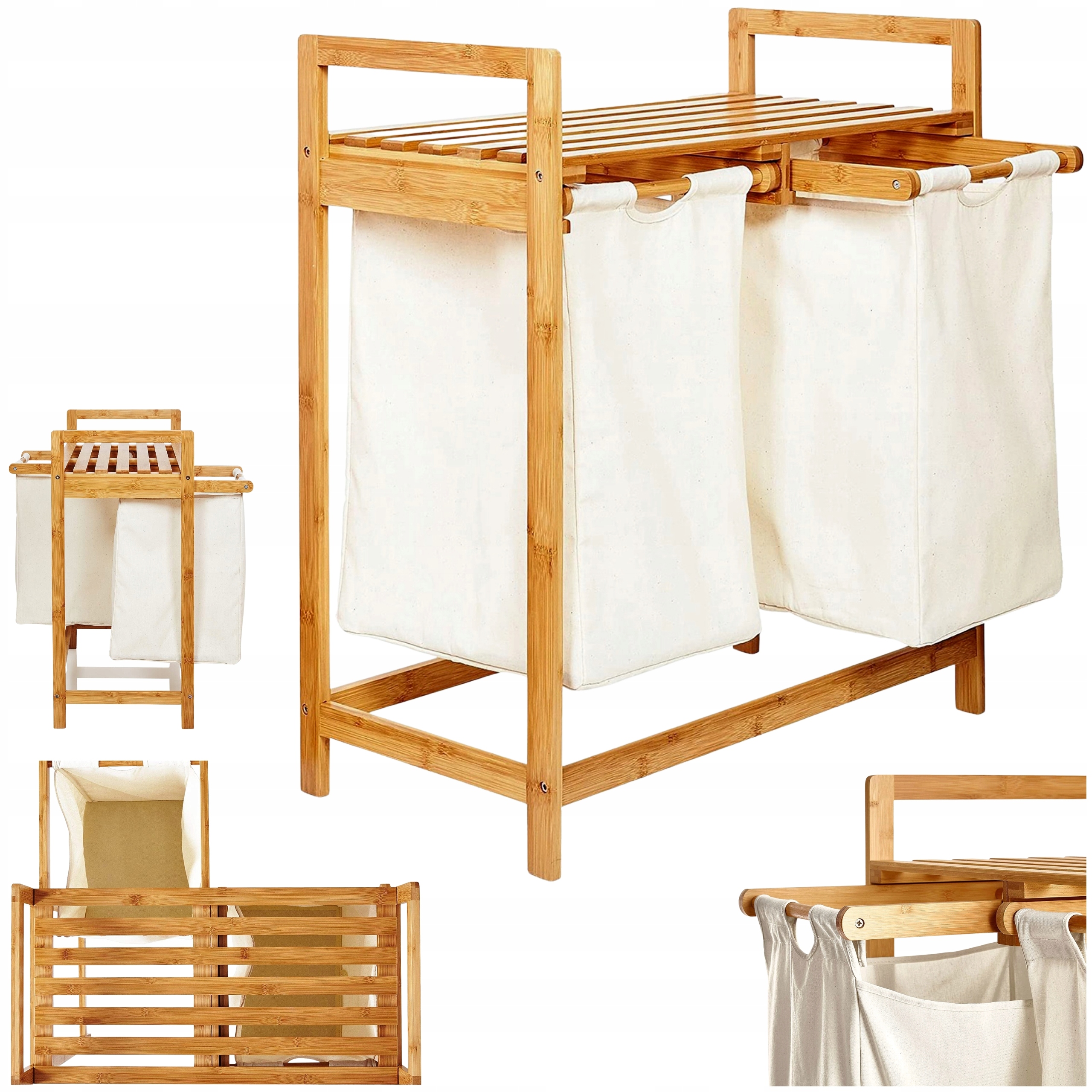 Kosz na Pranie Podwójny 60l Bambusowy 73x64x33 cm Dwukomorowy Beż z Półką