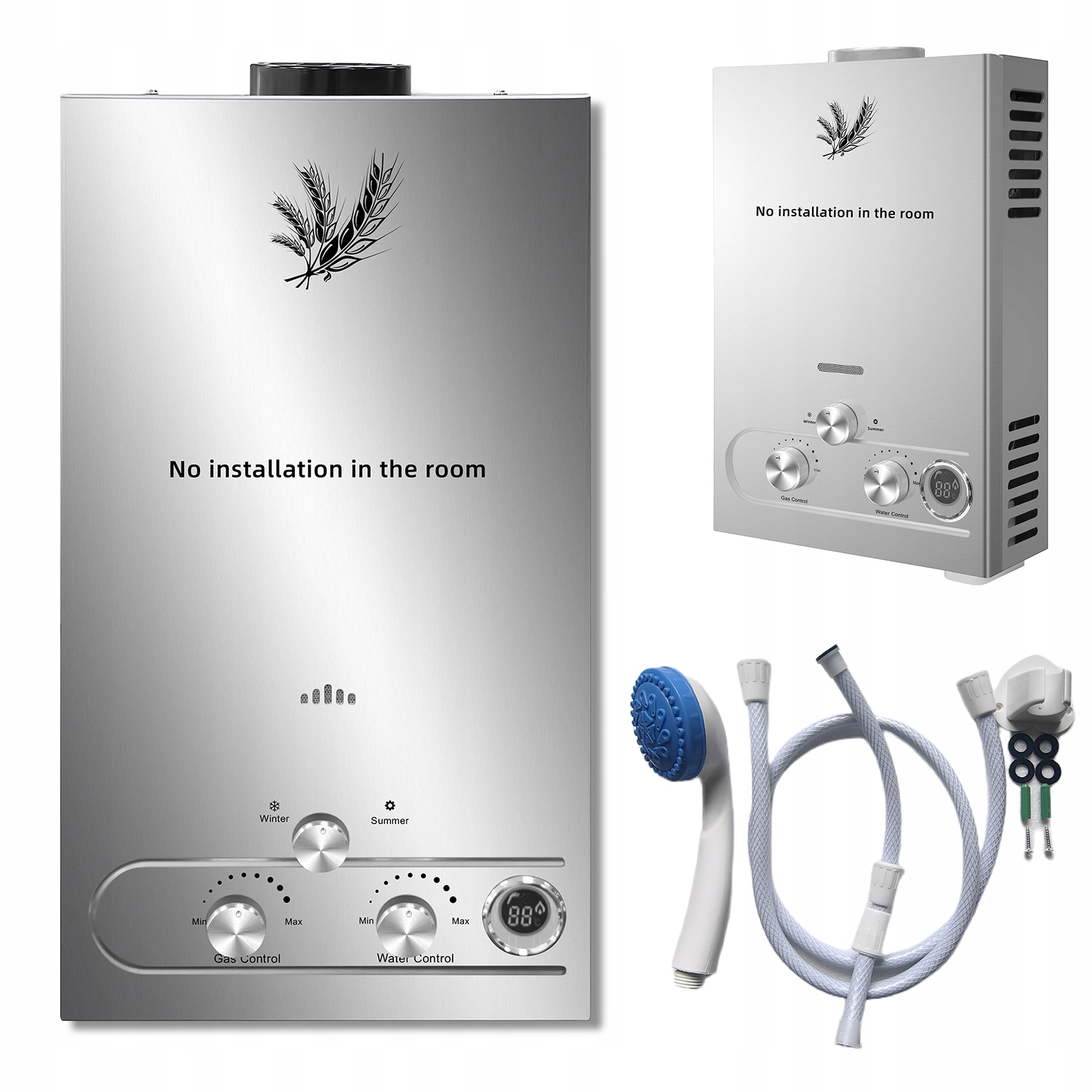 Průtokový ohřívač vody na Lpg – 16 kW, 8 l/min – Pro domácnost a karavan – Stříbrný