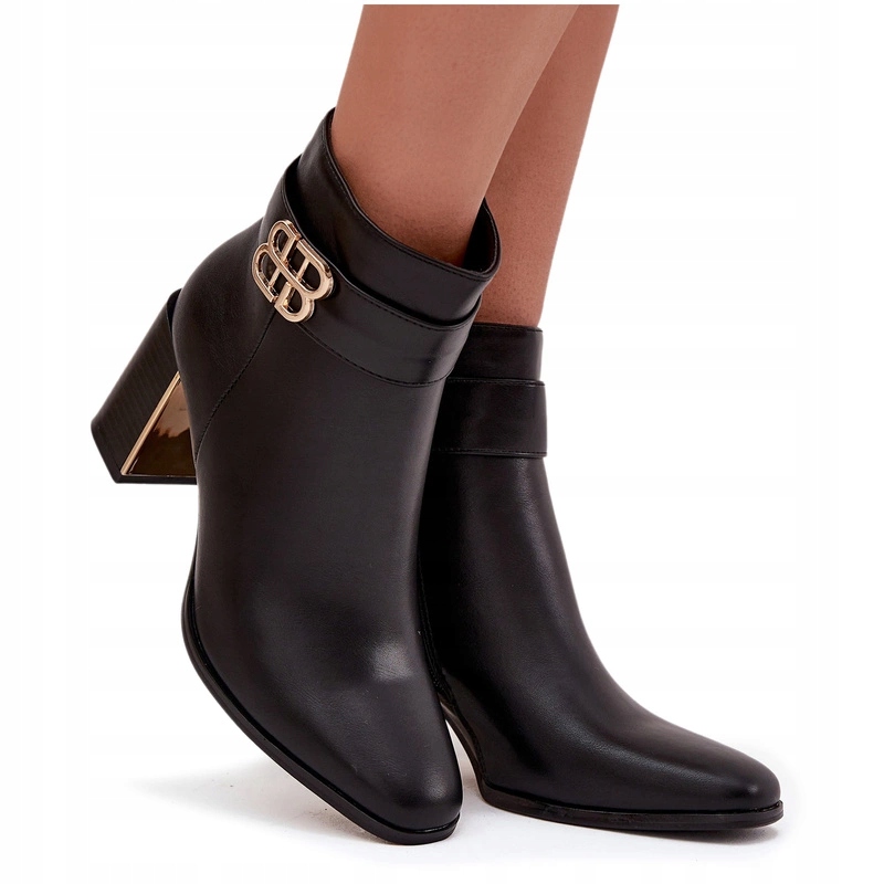Dámské Kotníkové Boty Podpatek Sloupek Eko Kůže Pásek Zlatý Detail Zip Černá 37