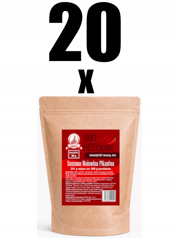 Levně Akia Beef Jerky, sušené maso, sušené hovězí maso Pikantní 20 kusů x 50 g
