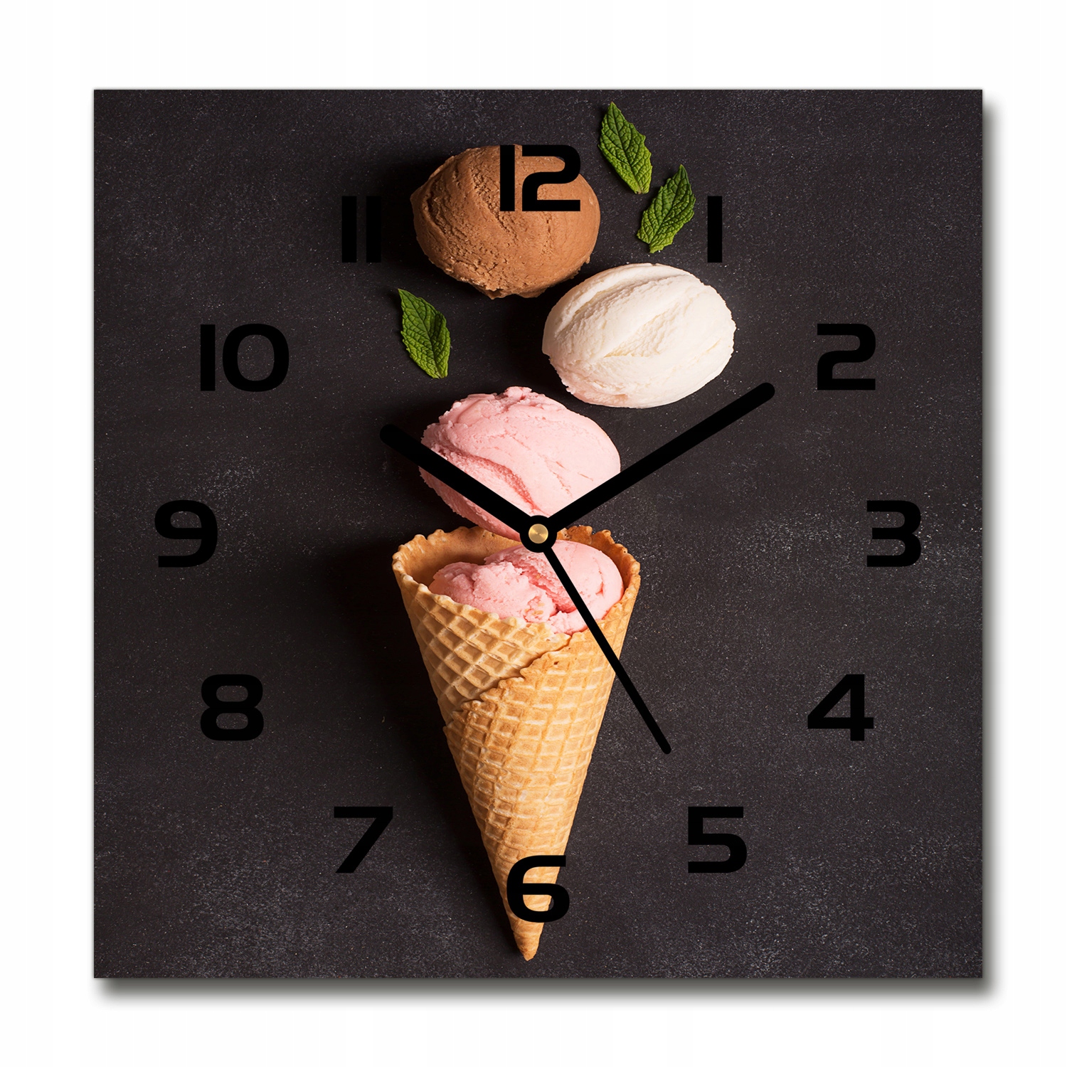 

Kwadratowy cichy szklany zegar Lody w waflu 30x30