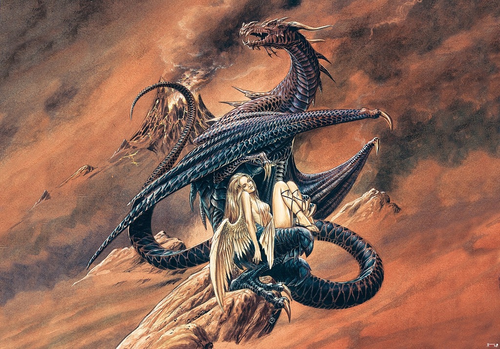 Vliesová fototapeta 368x280 Drak střeží dívky na pozadí sopky +lepidlo