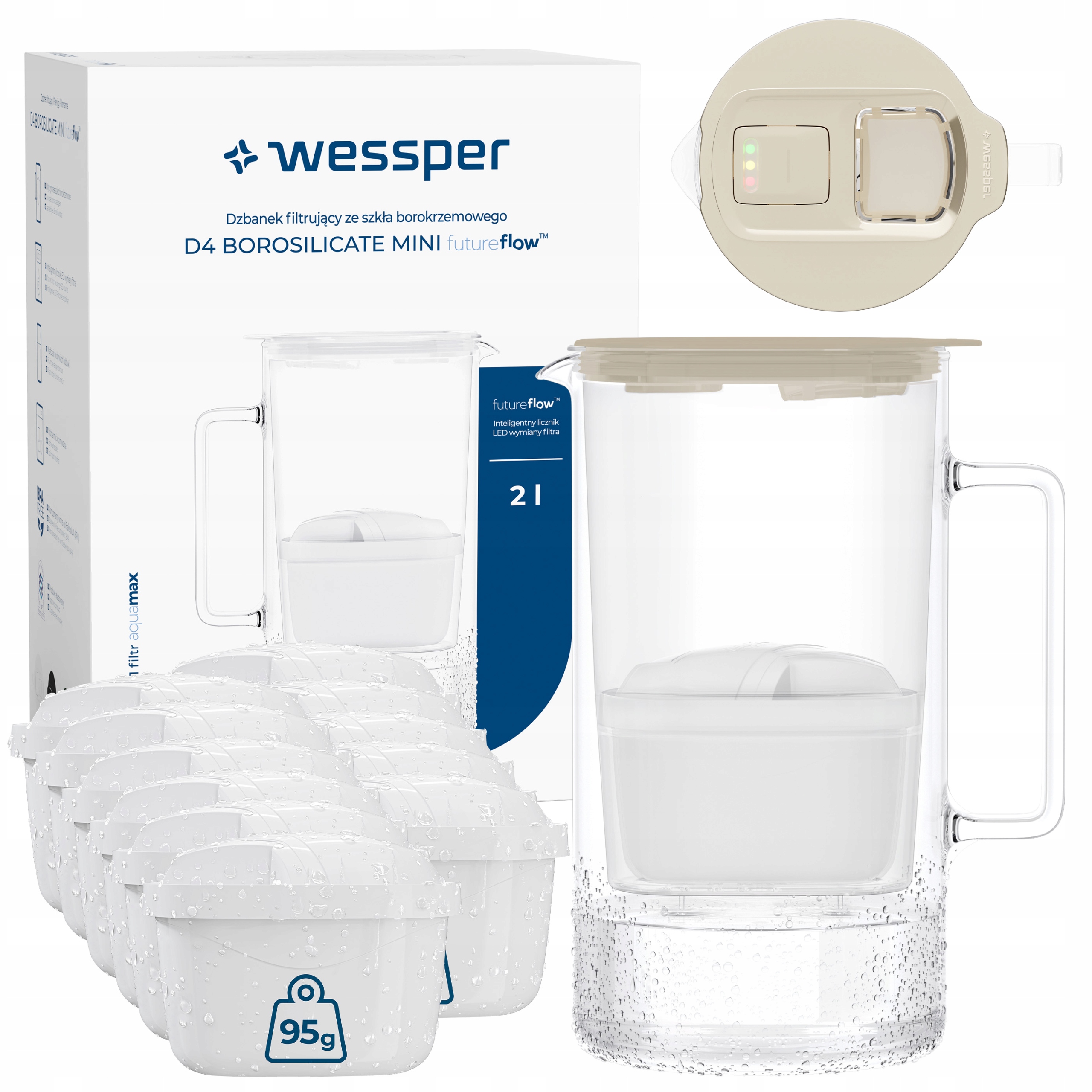 Skleněná filtrační konvice Wessper D4 Borosilicate Mini 2 l 12 ks filtru