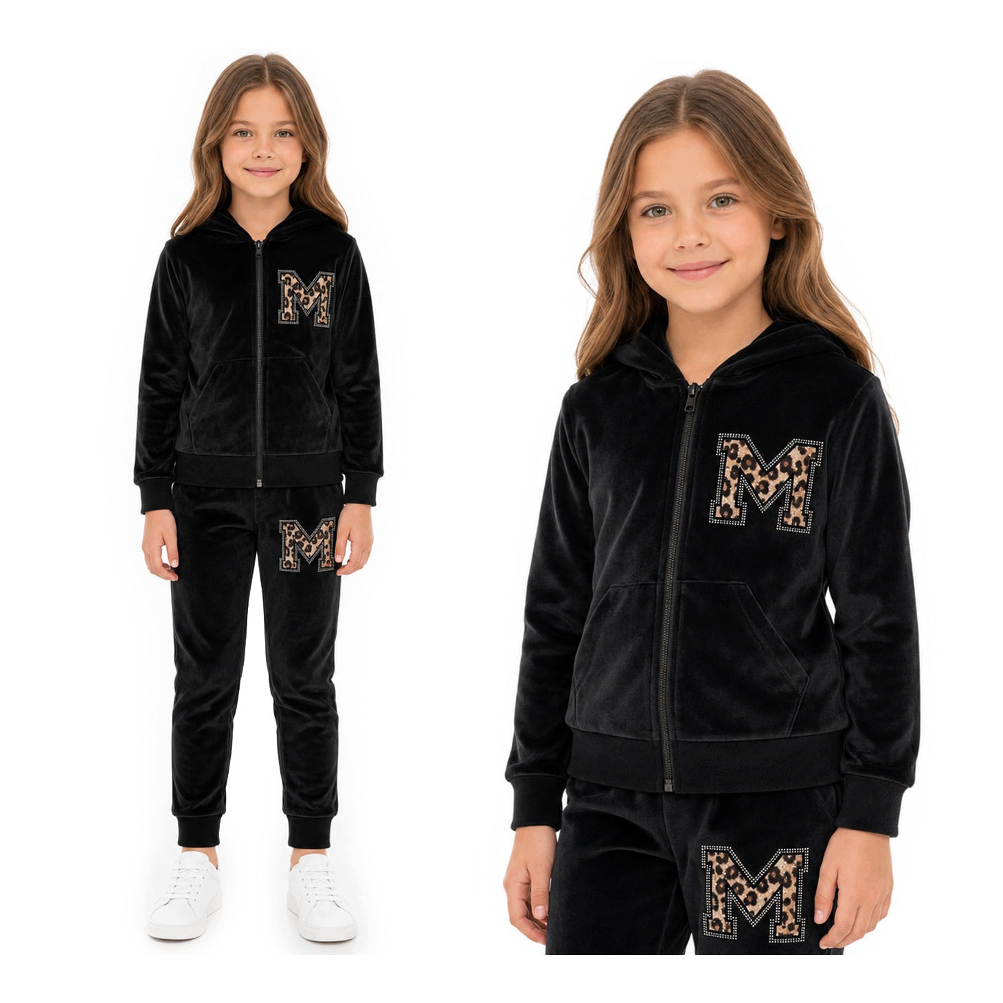 Dres welurowy dziewczęcy Zestaw Bluza zapinana na zamek Spodnie czarny 110