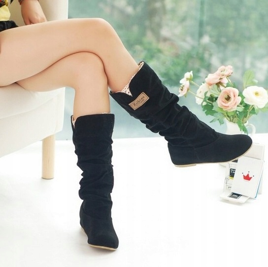 KOZAKI Buty Marszczone Zamszowe Botki Czarne r. 36 Marka bez marki