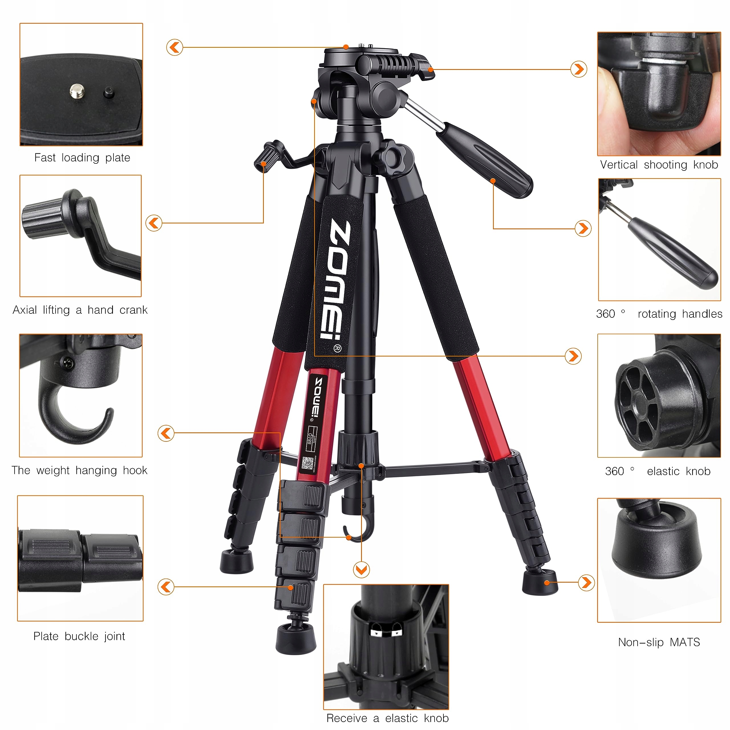 ZOMEI Profesjonalny Statyw 188cm Do DSLR Telefonów Projektorów Czerwony — miniatura 5