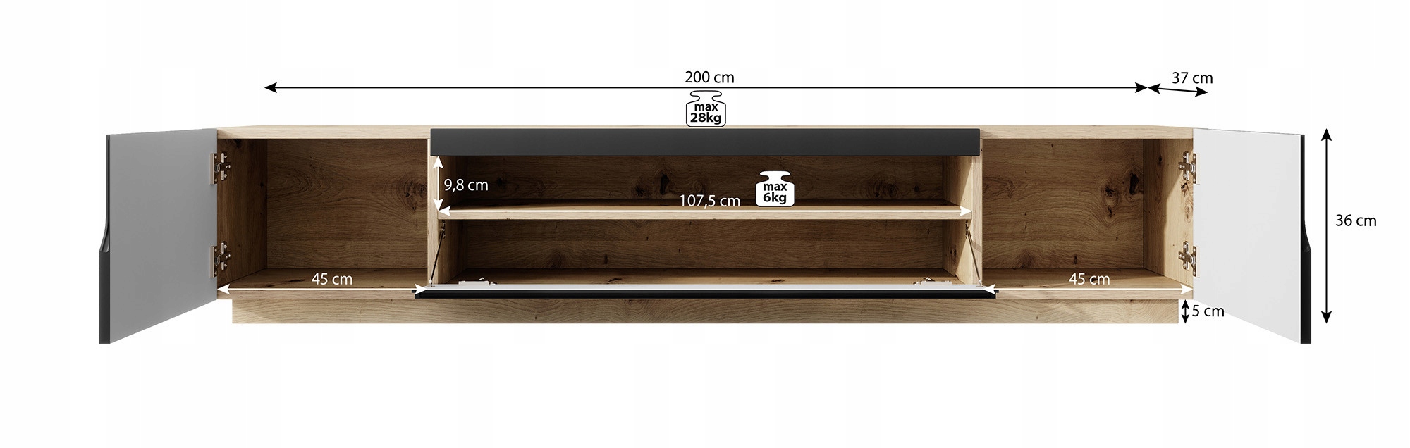 Szafka RTV czarna mat+dąb Artisan Wisząca i stojąca Odyn Typ uniwersalna