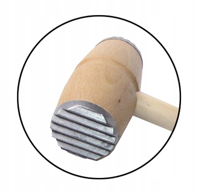 TRADYCYJNY DREWNIANY TŁUCZEK DO MIĘSA Z OKUCIEM MŁOTEK DWUSTRONNY LAKIER Kolor naturalny odcienie szarości i srebra