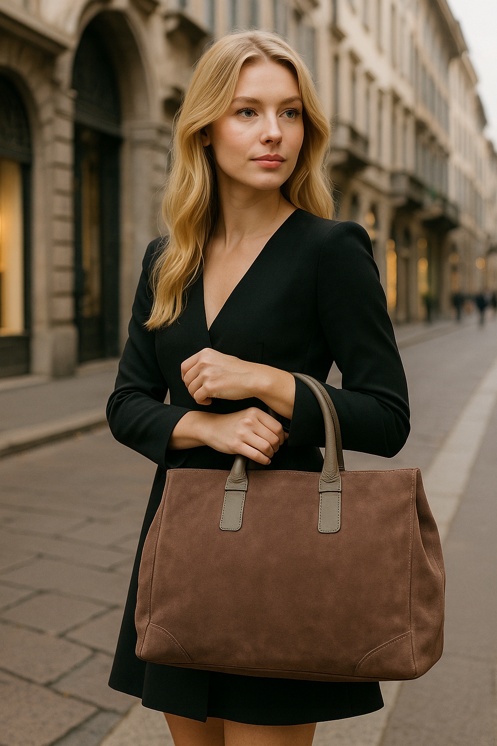 Velký semišový kufr A4 XL prostorný Italská kůže Shopper Vera Pelle Béžová