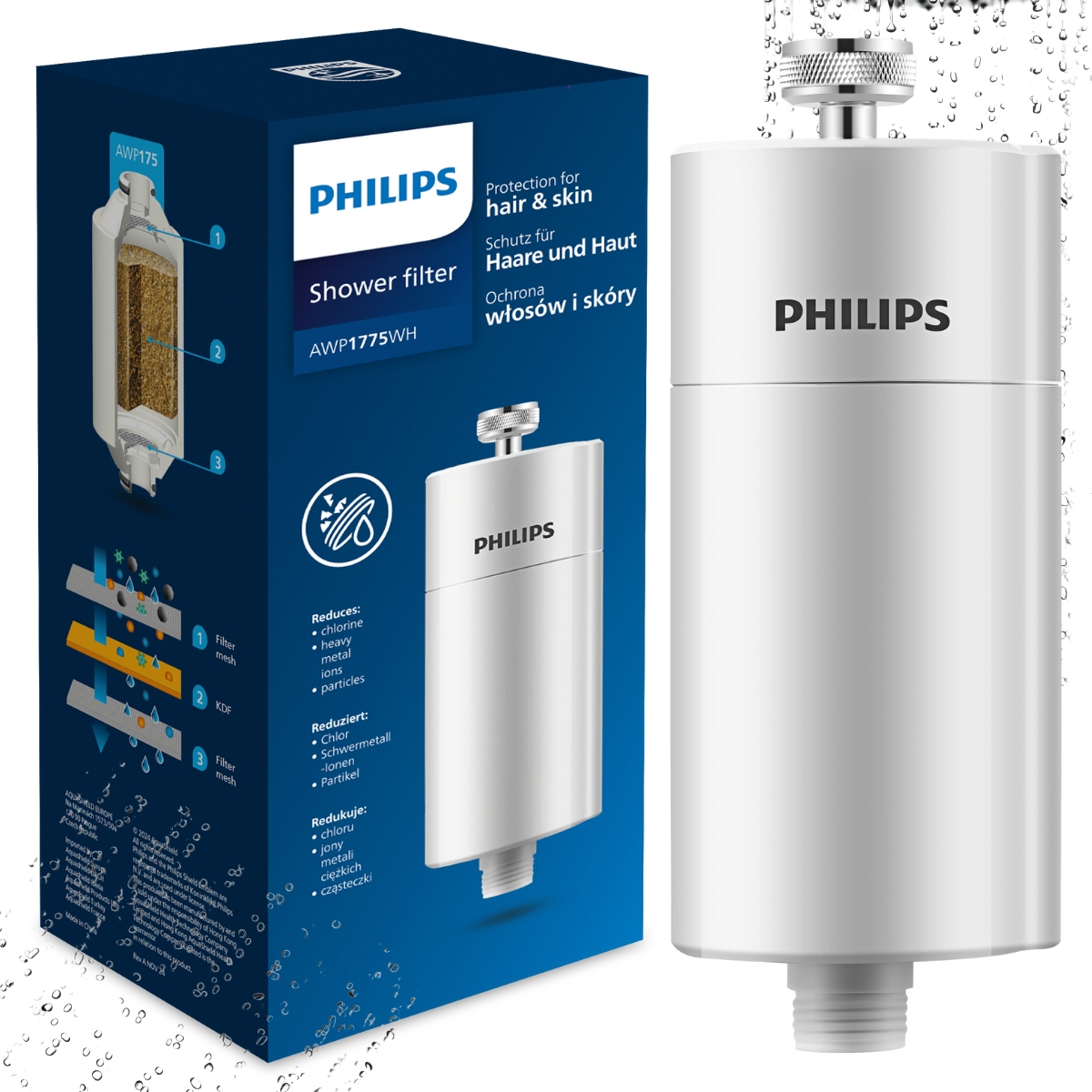 Filtr prysznicowy biały Philips AWP1775WH, filtr wody pod prysznic 50000 l