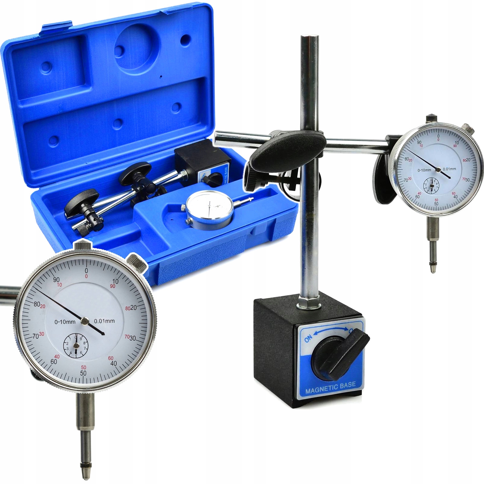Czujnik zegarowy 0-10mm 0,01mm z magnetycznym statywem podstawa magnetyczna