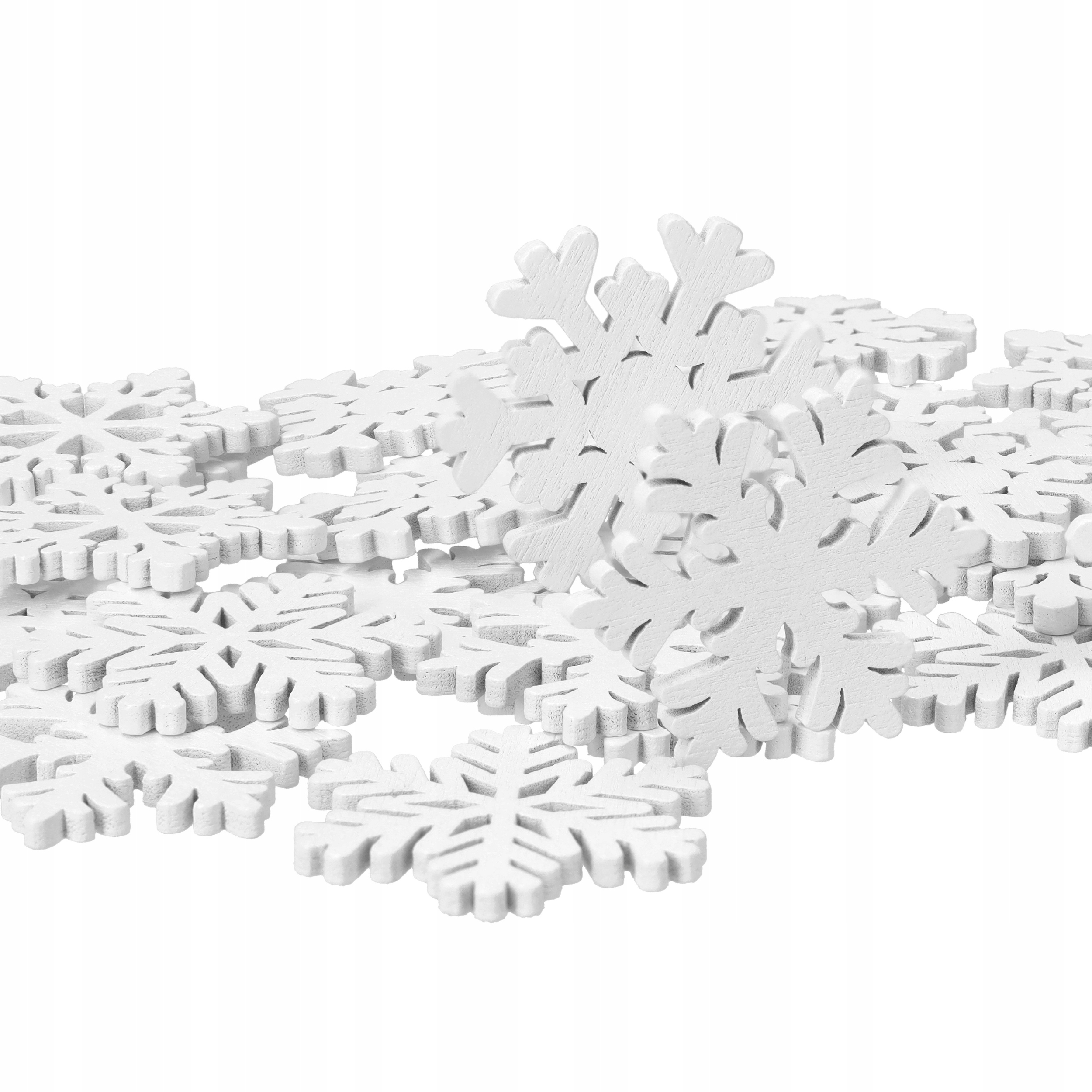 ZESTAW DREWNIANYCH ŚNIEŻYNEK DEKORACJA ŚWIĄTECZNA NA CHOINKĘ 3,5CM 52SZT Najdłuższy wymiar 3.5 cm