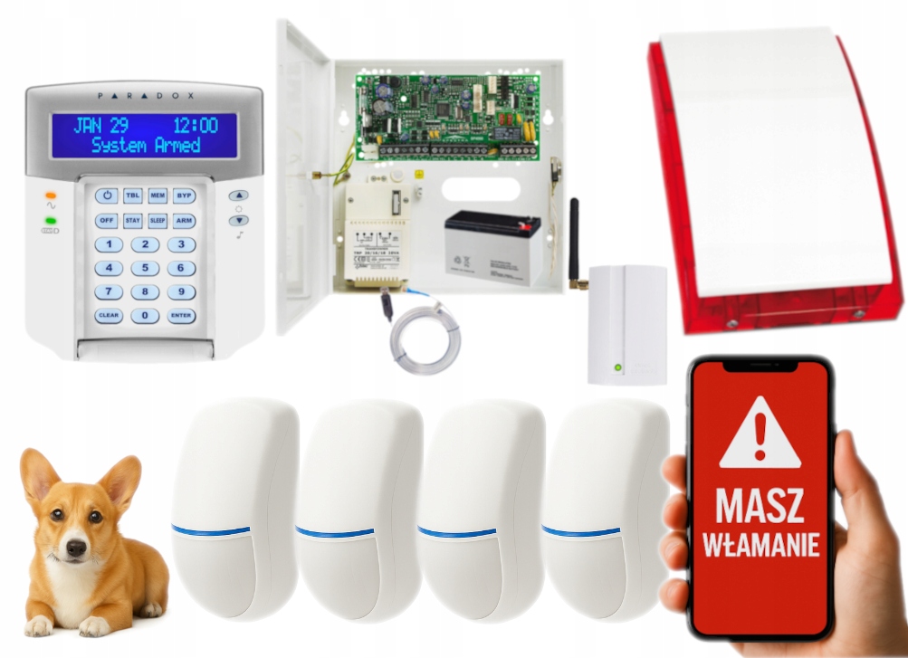 Zestaw Alarmowy Paradox Spectra Gsm 4 Czujki Ruchu Panel LCD Sms Clip