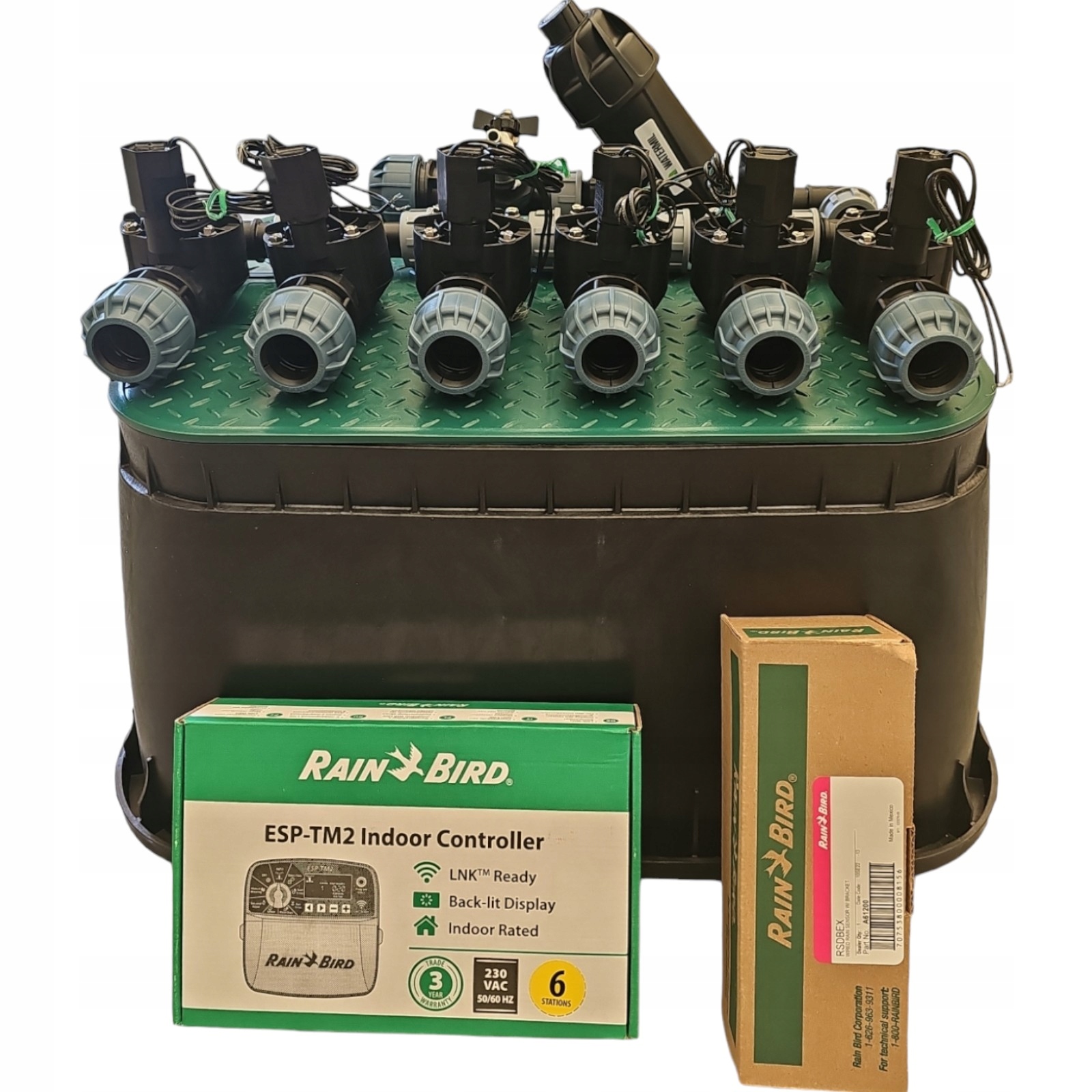 Zestaw Rain Bird Hv 6 sekcji z filtrem Sterownik TM2 Czujnik deszczu Pe 20
