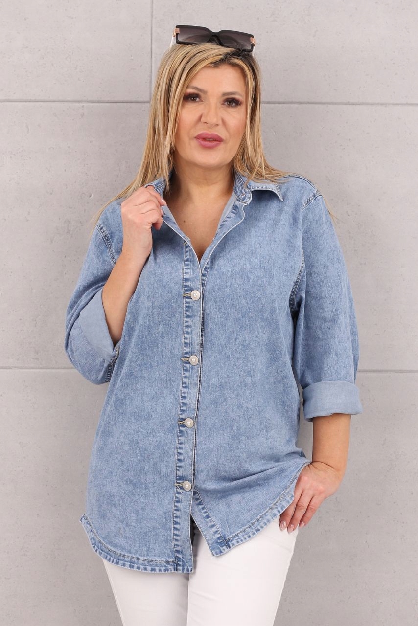 ASYMETRYCZNA JEANSOWA KOSZULA DUŻE ROZMIARY LUŹNA OVERSIZE ELEGANCKA Marka FEMIMODA
