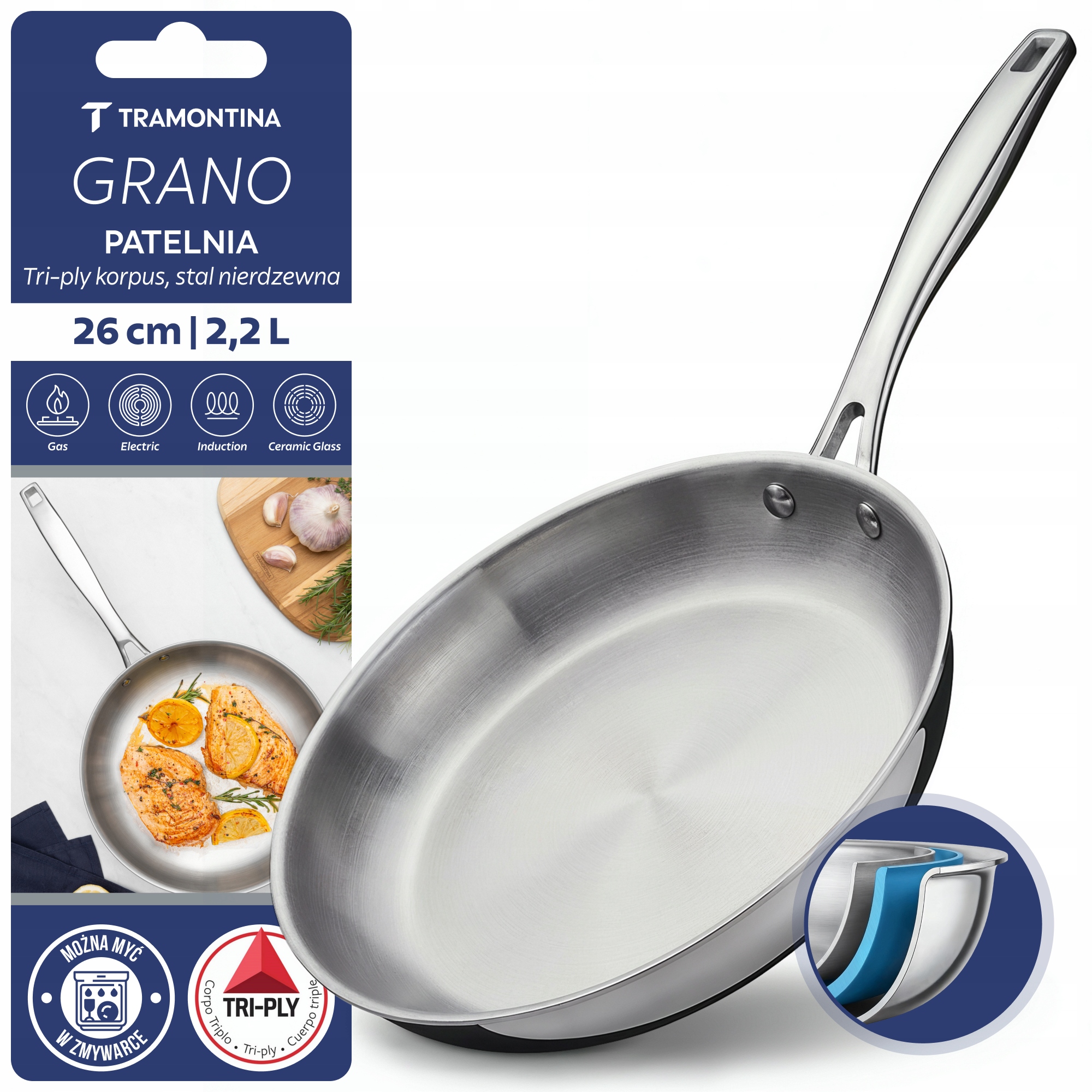 Patelnia Tramontina – Grano 26cm, stal nierdzewna, tri-ply, wszystkie płyty