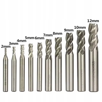Komplet 10 Frezów Hss Cnc 4F do drewna i metali miękkich 2-12 mm 36*