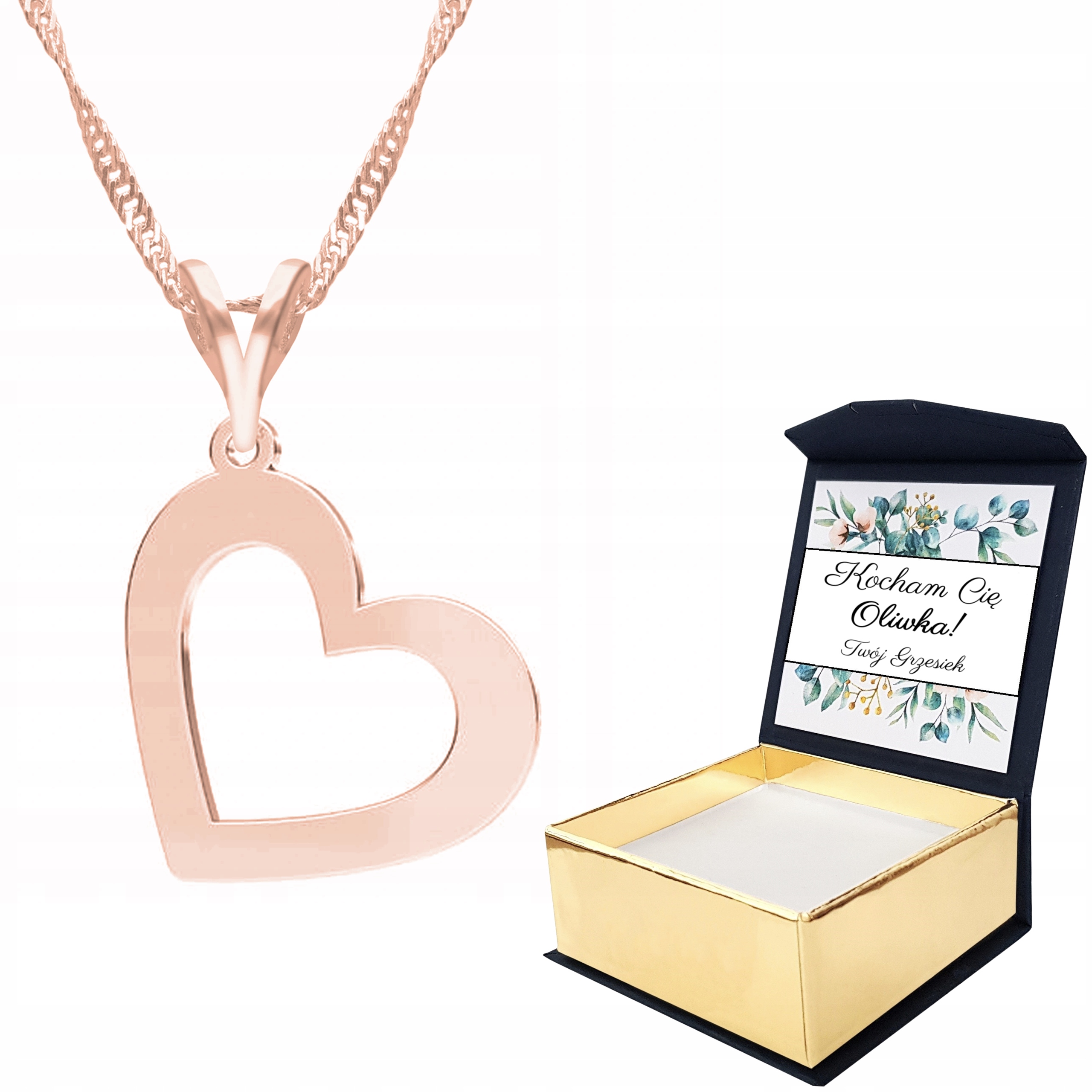 Náhrdelník růžové zlato Prázdné Srdce Vlastní Potisk