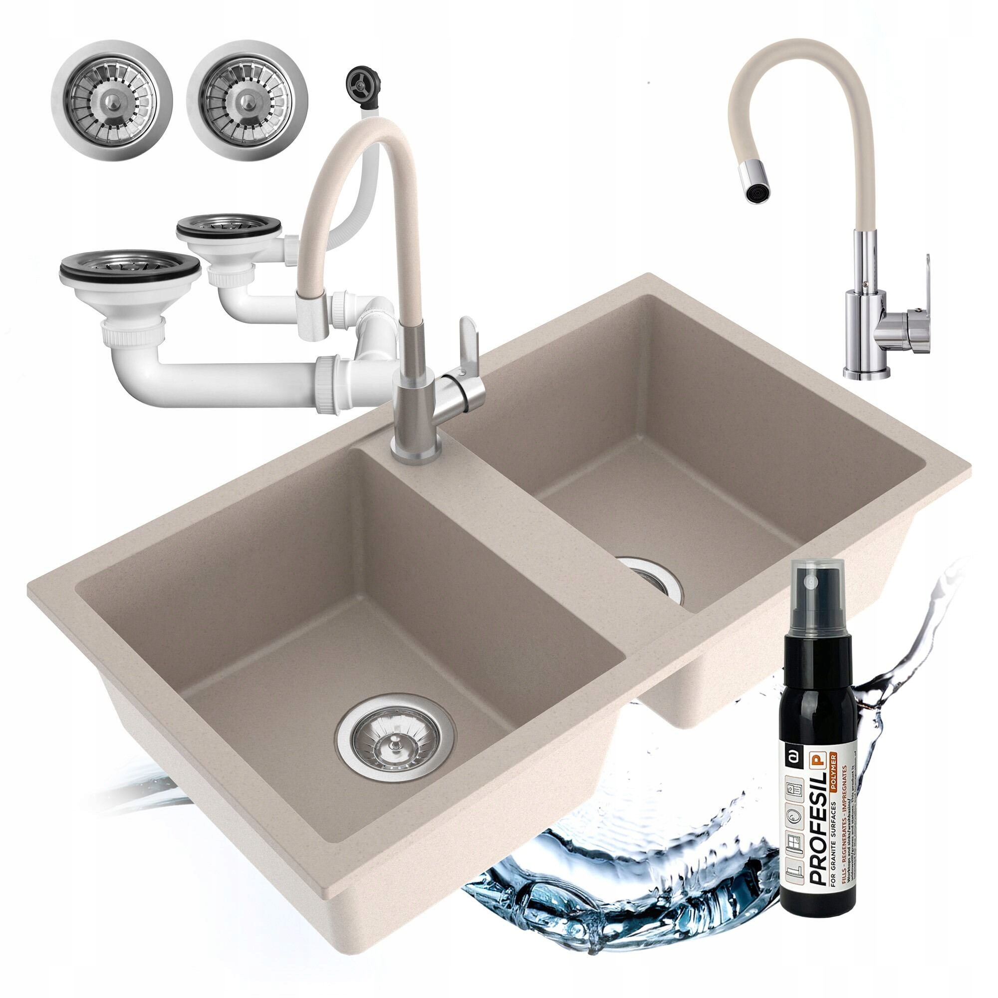 Granitový Kuchynský Drez Prado Dvojkomorový Béžový, Flexibilná Batéria, Sifón