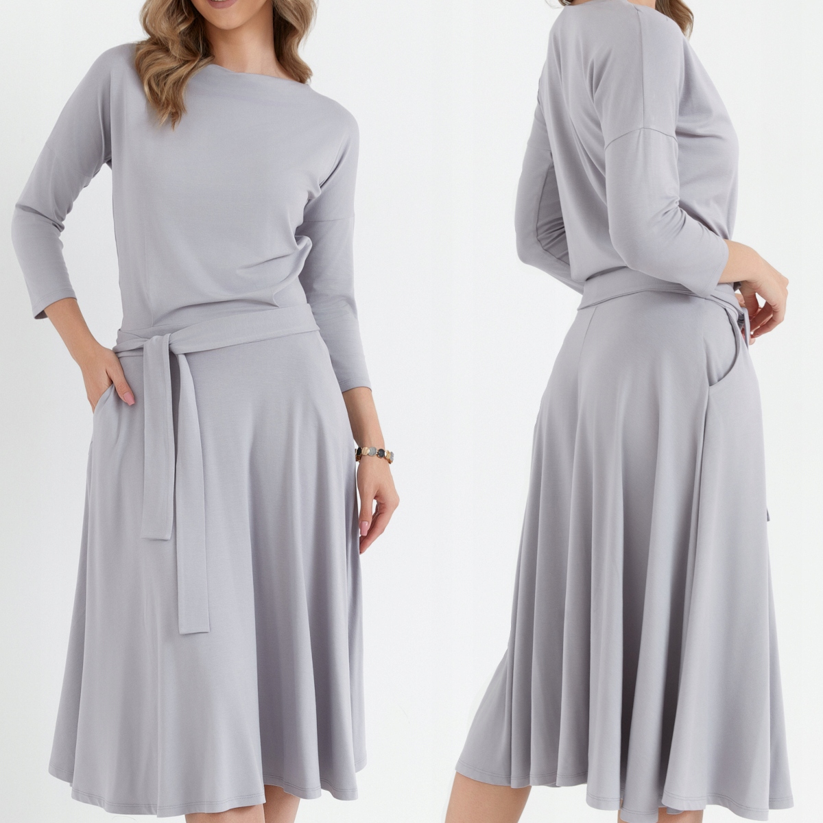 Stylová Dámská Elegantní Šaty MIDI Rozkládací S Páskem Šedá 36 S