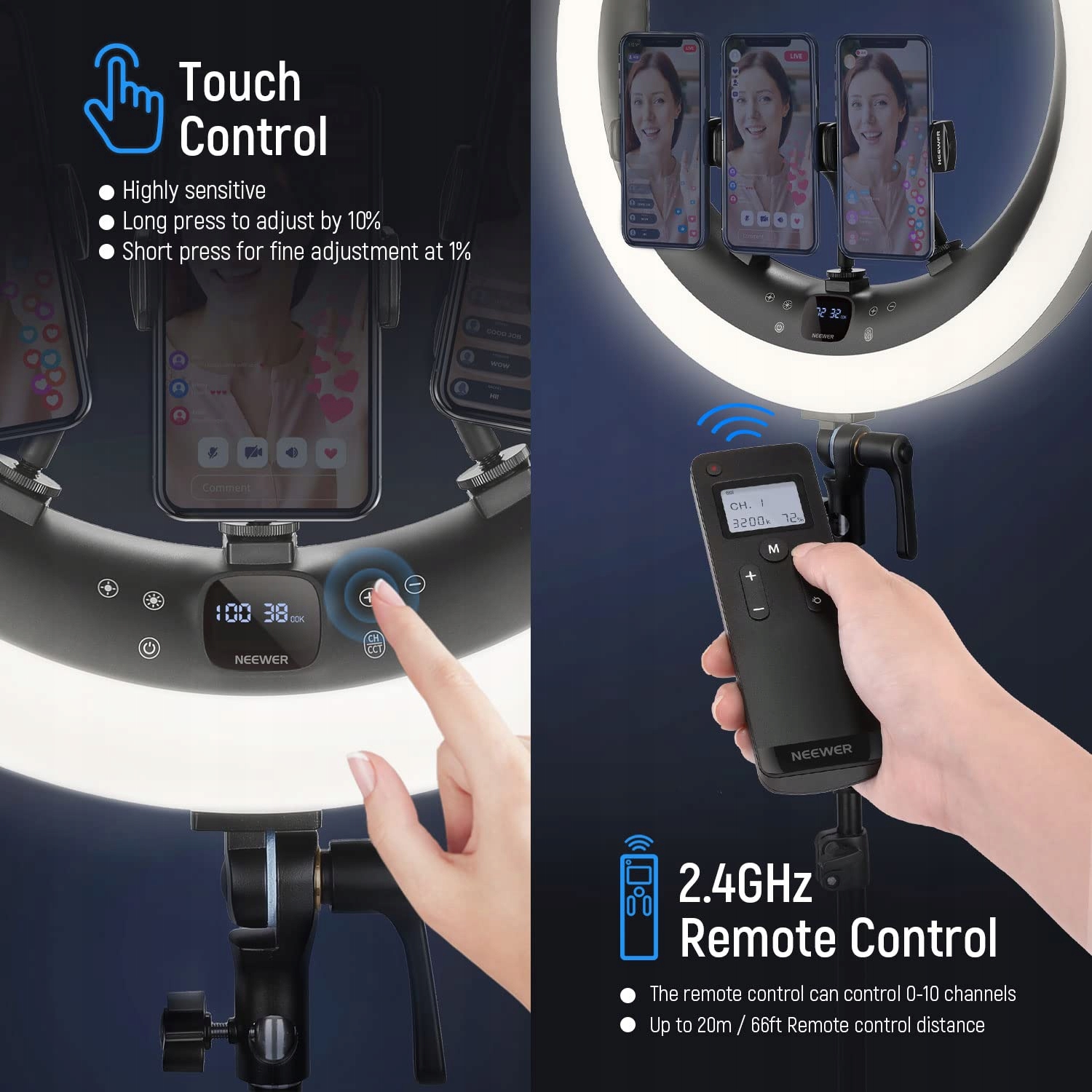 NEEWER 19 Cali Lampa Pierścieniowa Stojak 3 Uchwyt Telefonu 3200K-5600K — miniatura 5