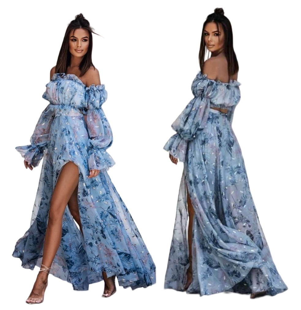 Flowers Modrá Dlouhá Šifonová Šaty s květinami svatební hostina Xs