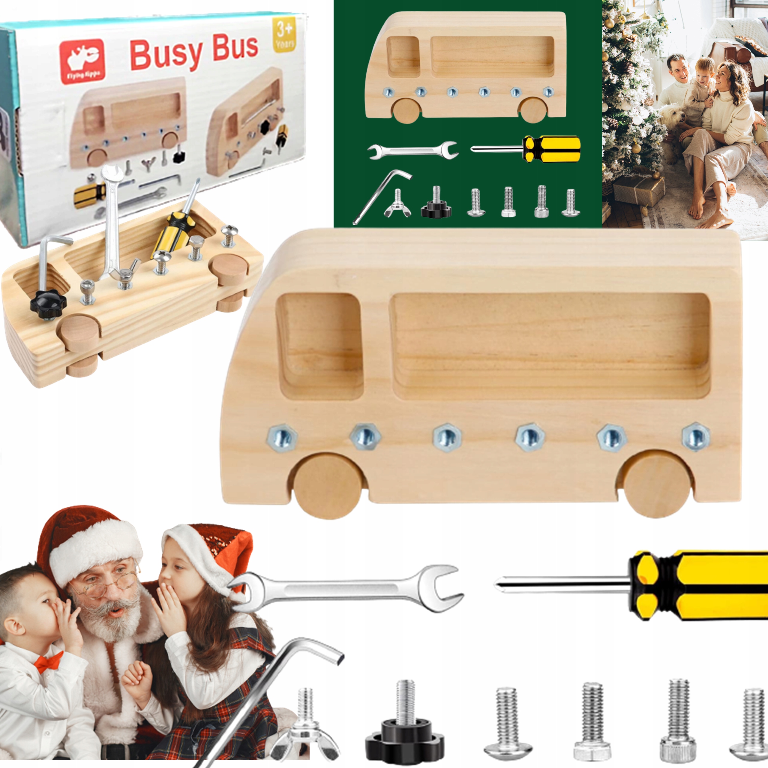 DREWNIANE AUTO AUTOBUS SAMOCHÓD TABLICA MANIPULACYJNA ŚRUBOKRĘT KLUCZ