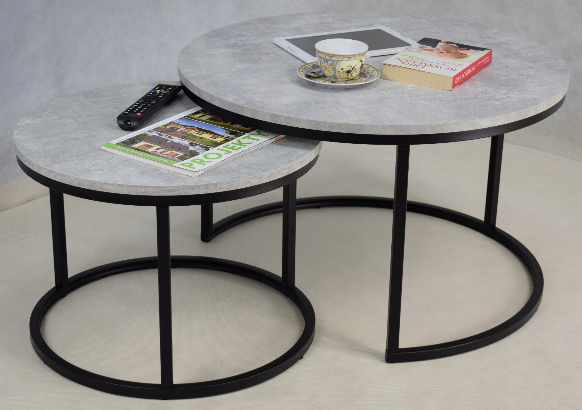 Zestaw Stolik Kawowych 2w1 Salon Industrial Metal Czarny+Beton Jasny