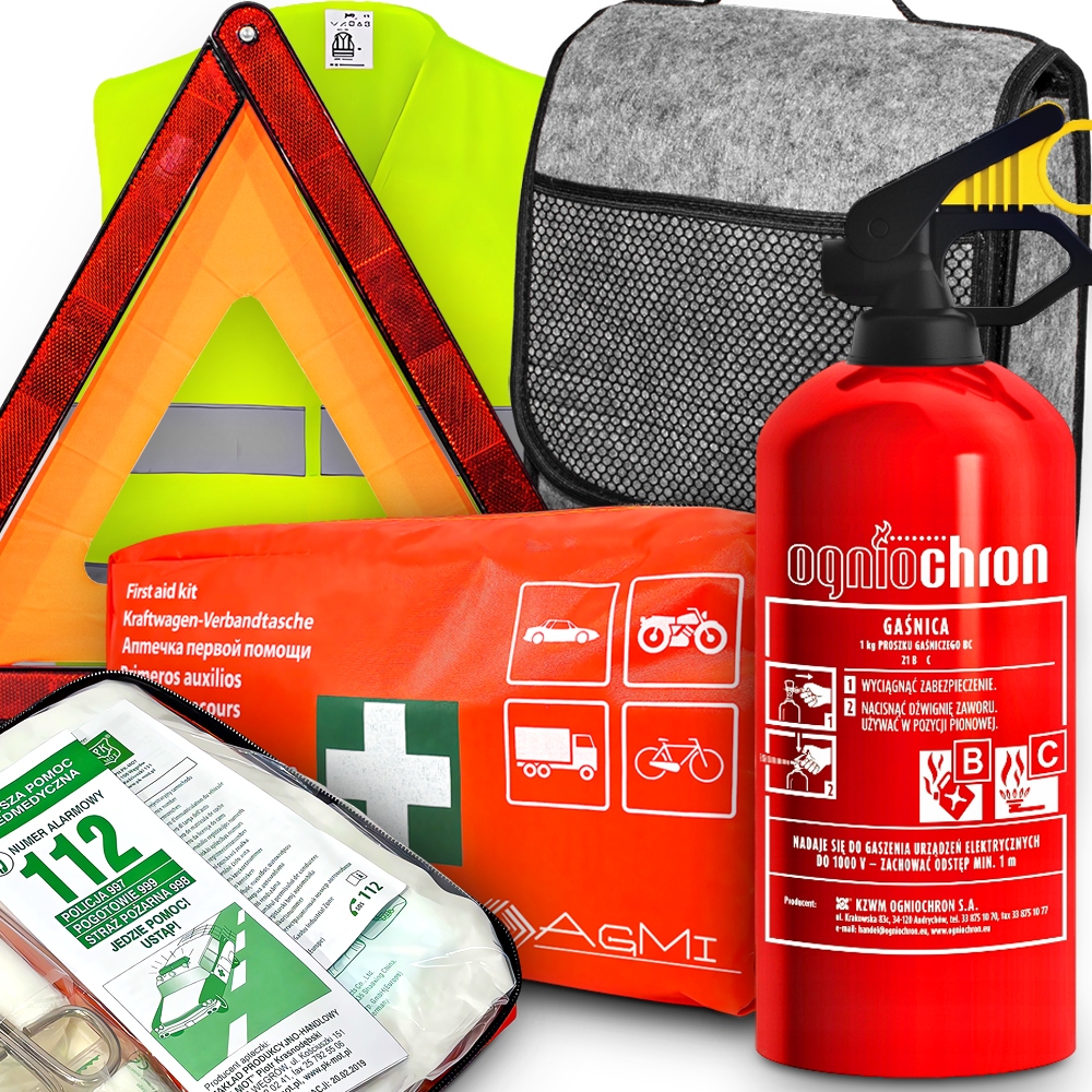 Hasicí Přístroj Ohňostroj 1 kg Lékárnička DIN13164 Trojúhelník Vesta Taška Organizér
