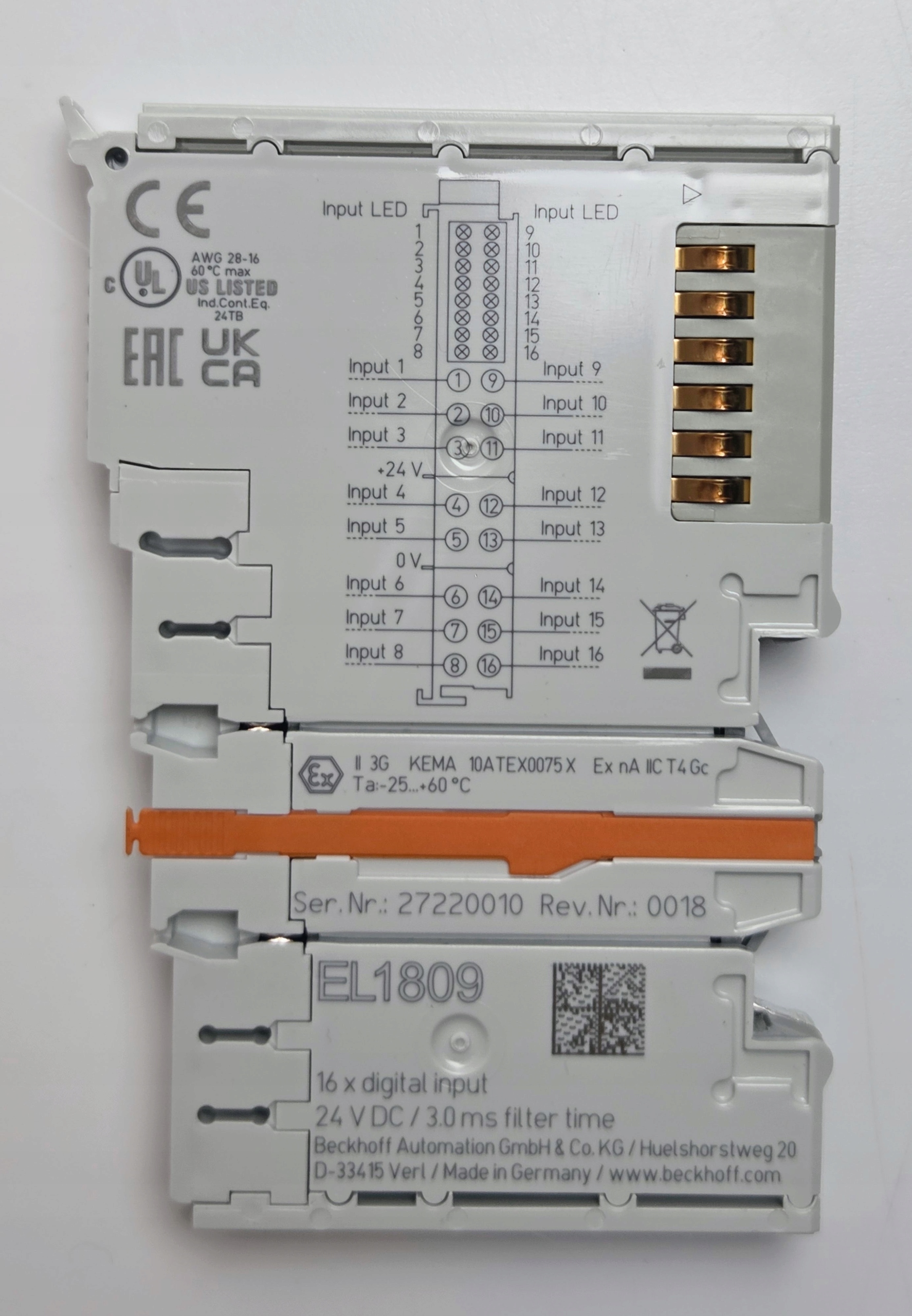 Moduł wejść cyfrowych Beckhoff EL1809 EtherCAT 16xDI 24V