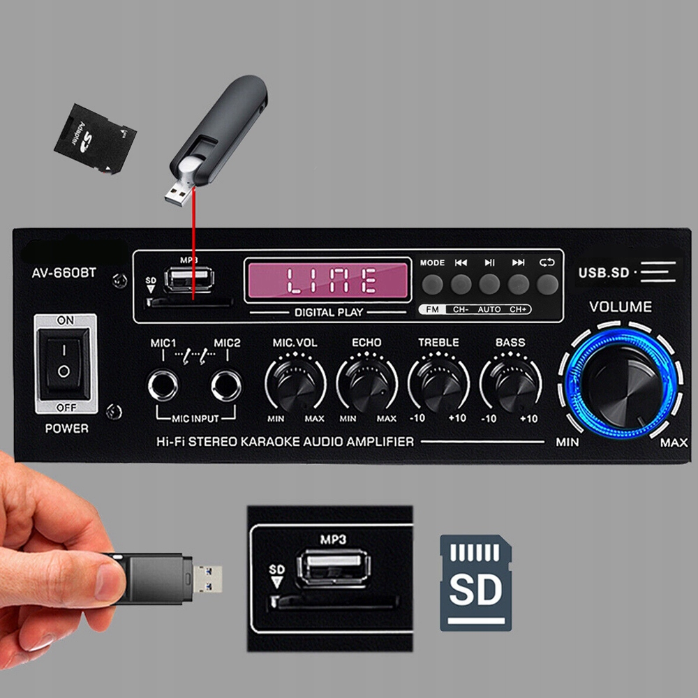 AV-660BT WZMACNIACZ HI-FI BLUETOOTH 5.0 Z WYŚWIETLACZEM LED Liczba kanałów 2