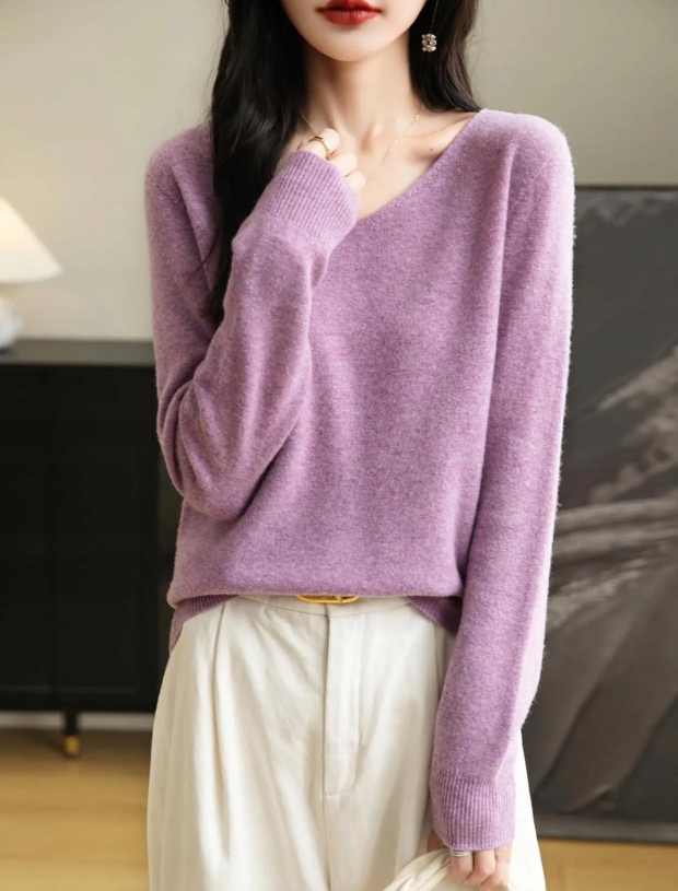 Chanyarn Vlněný Fialový Svetr V-neck J6N PK01__L
