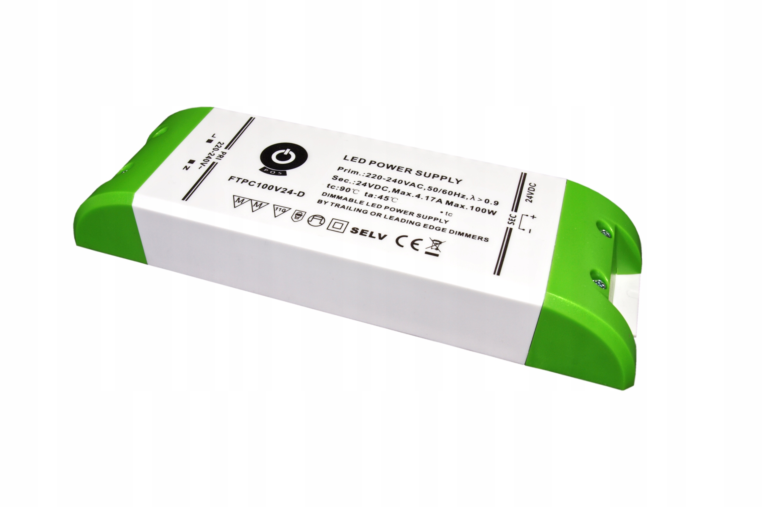 Led zdroj 24V/4.16A 24-100W CV, slim plastové pouzdro, Dimming Ac Triac