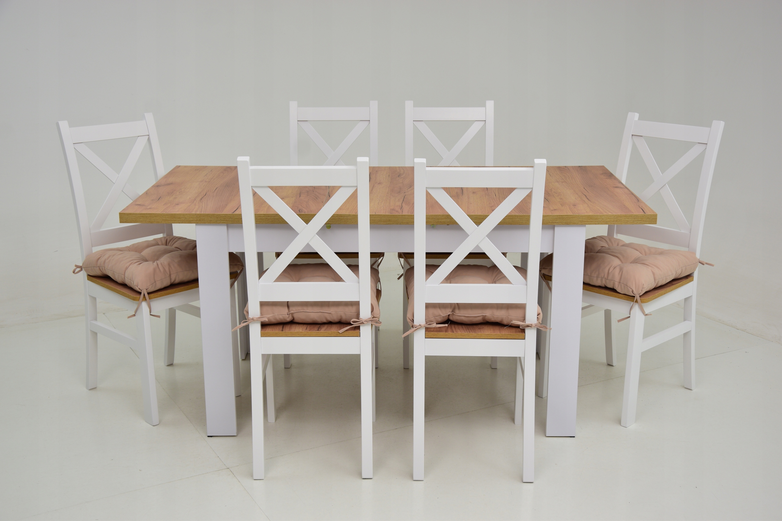 komplet do SALONU nowoczesny stół DĄB CRAFT + 6x białe krzesła z krzyżem Maksymalna długość rozłożonego stołu 160 cm