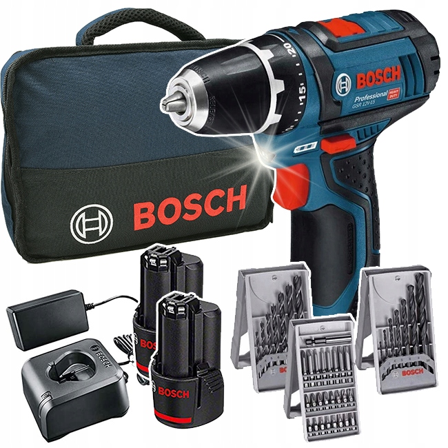 

Bosch Gsr 12V-15 aku 2x 2Ah torba bity wiertła