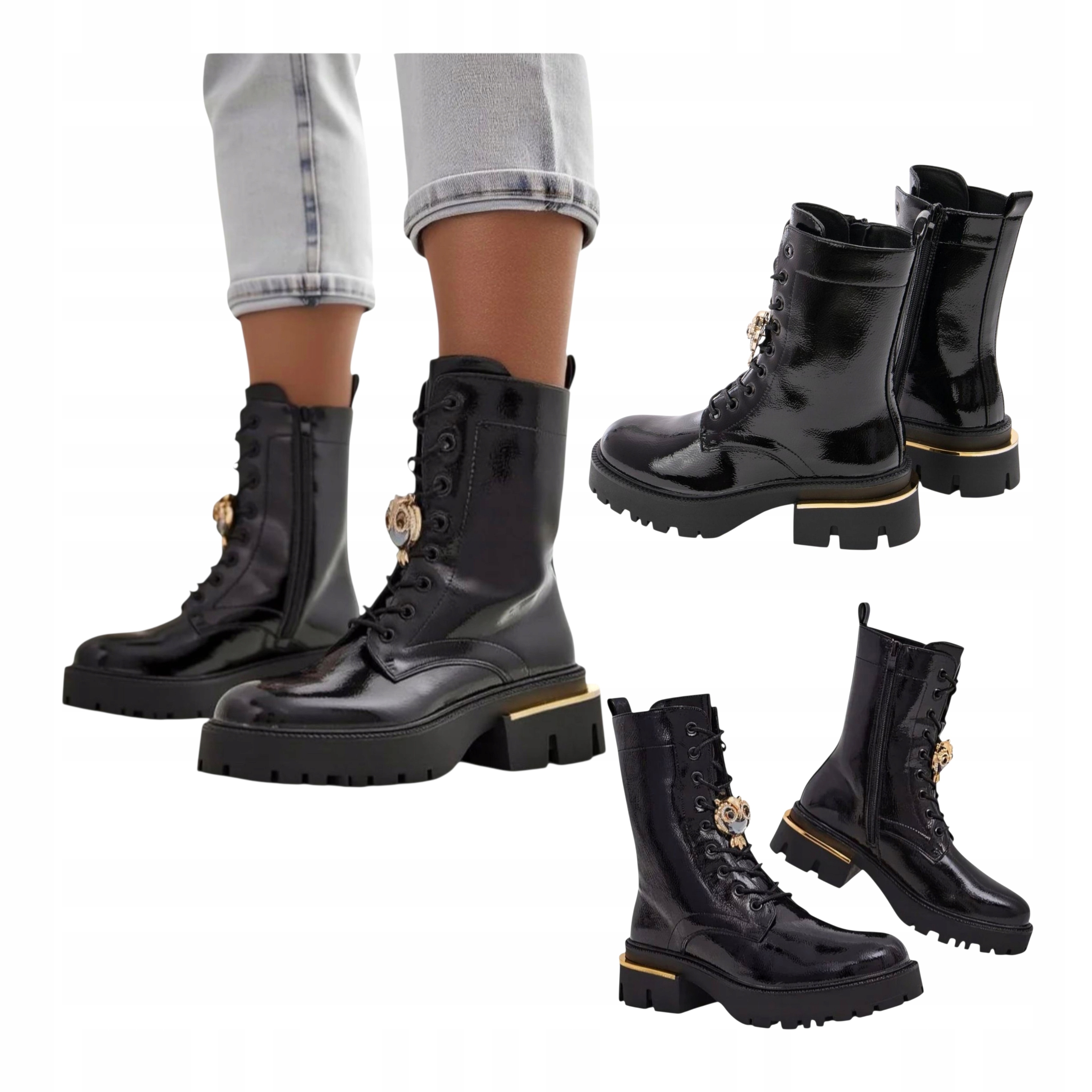 Dámské kožené lakované trapery na platformě Vysoké černé 39