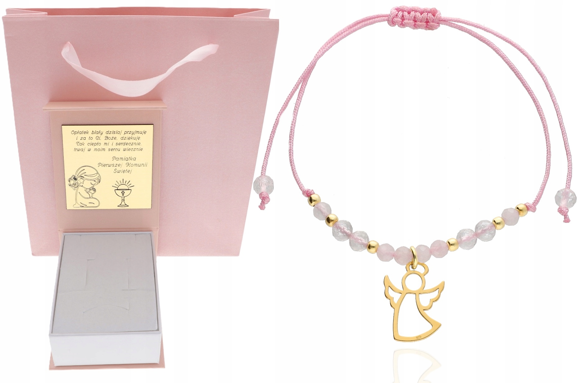 Bransoletka z aniołkiem anioł kamienie naturalne KOMUNIA CHRZEST ROCZEK 925