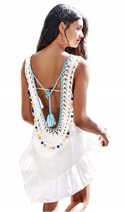 

Koronkowe Pareo Pompon Narzutka Na Strój Białe